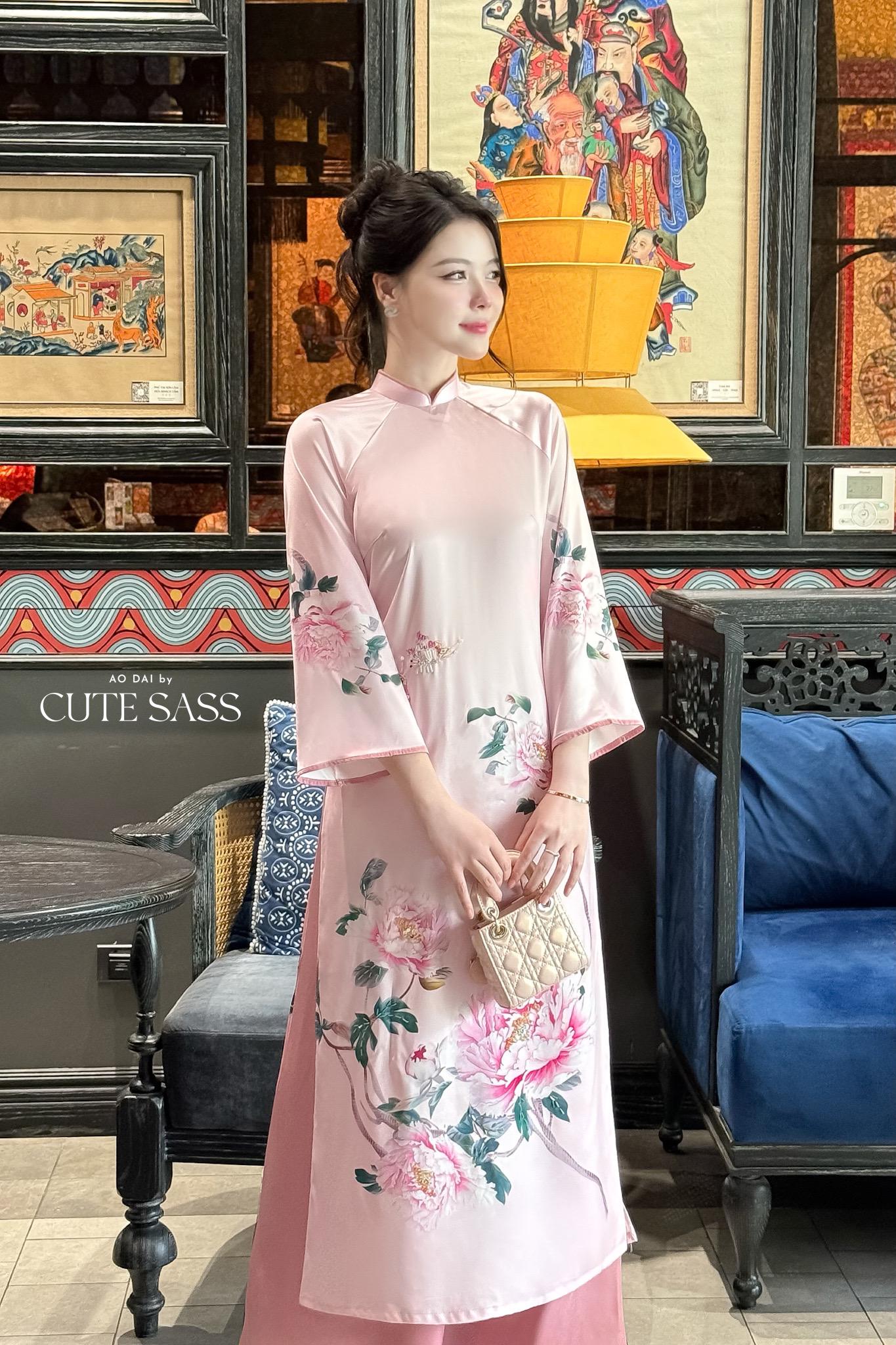 Nhien Ha - Pink Printed Peony Ao Dai Set 22C|Pre-made Traditional Vietnamese Women Ao Dai with Pants|Lunar New Year|Ao Dai Cach Tan