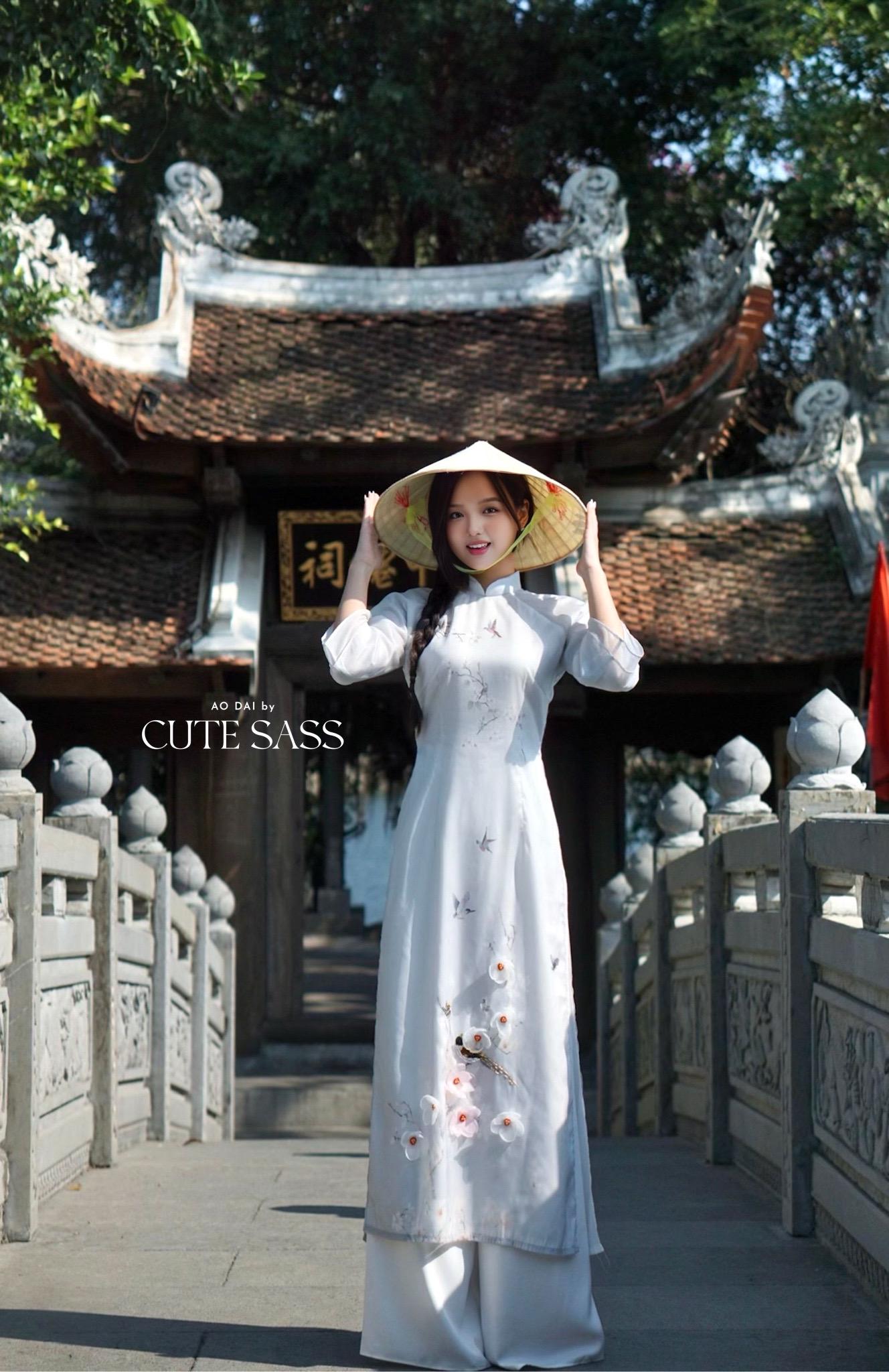 Yen Oanh - Ash Blue Sparkle Garden Butterflies Dai Set 23A|Pre-made Traditional Vietnamese Women Ao Dai with Pants|Lunar New Year|