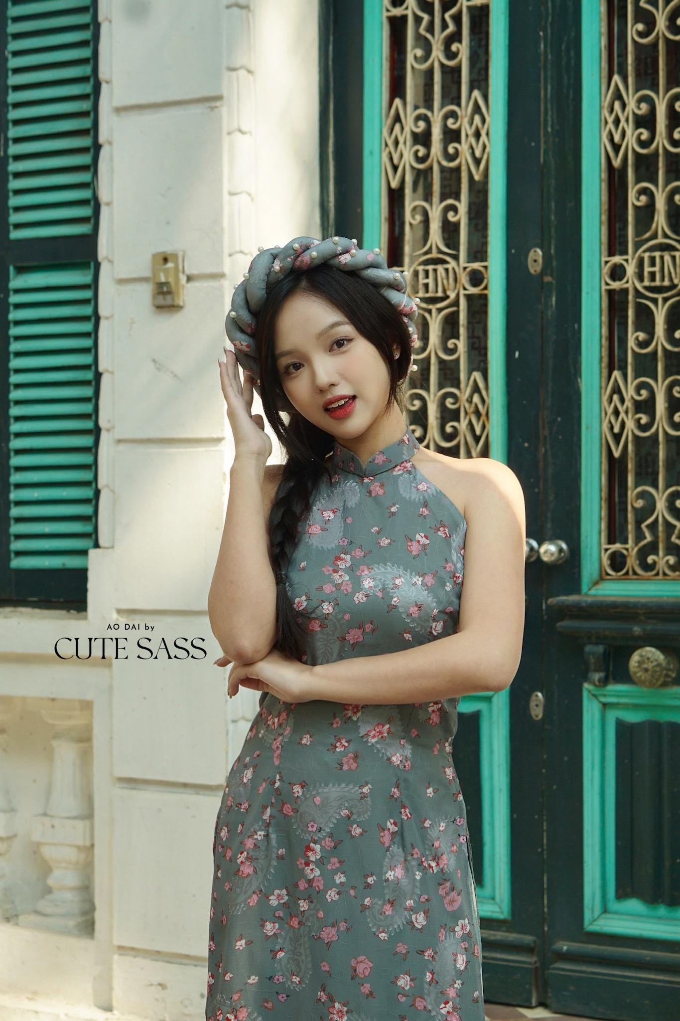 Green Chiffon Floral Yem-Inspired Ao Dai Top and Headband, No Pants, No Scarf FL| Pre-made Modernized Vietnamese Ao Dai| Lunar New Year