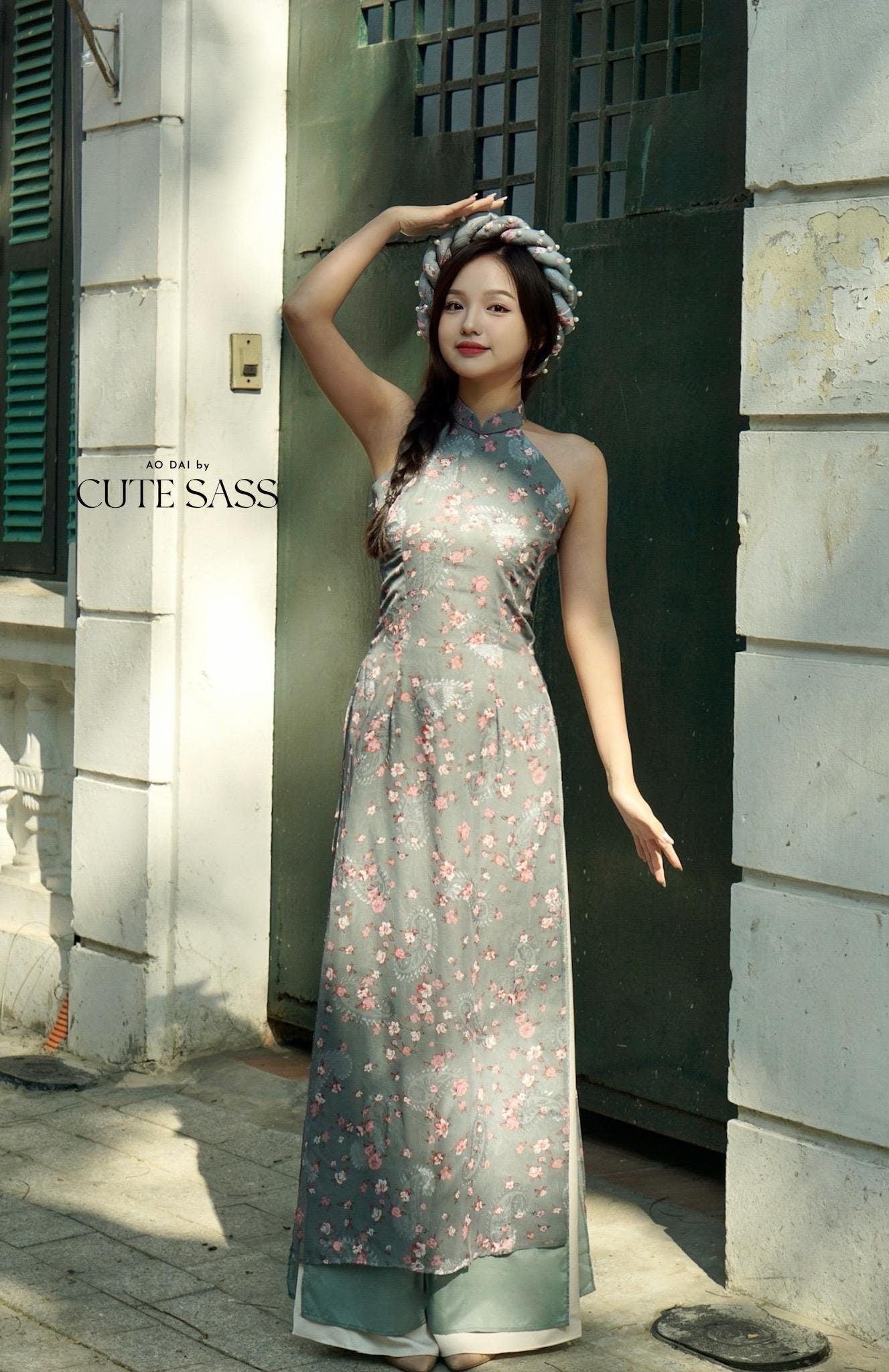 Green Chiffon Floral Yem-Inspired Ao Dai Top and Headband, No Pants, No Scarf FL| Pre-made Modernized Vietnamese Ao Dai| Lunar New Year