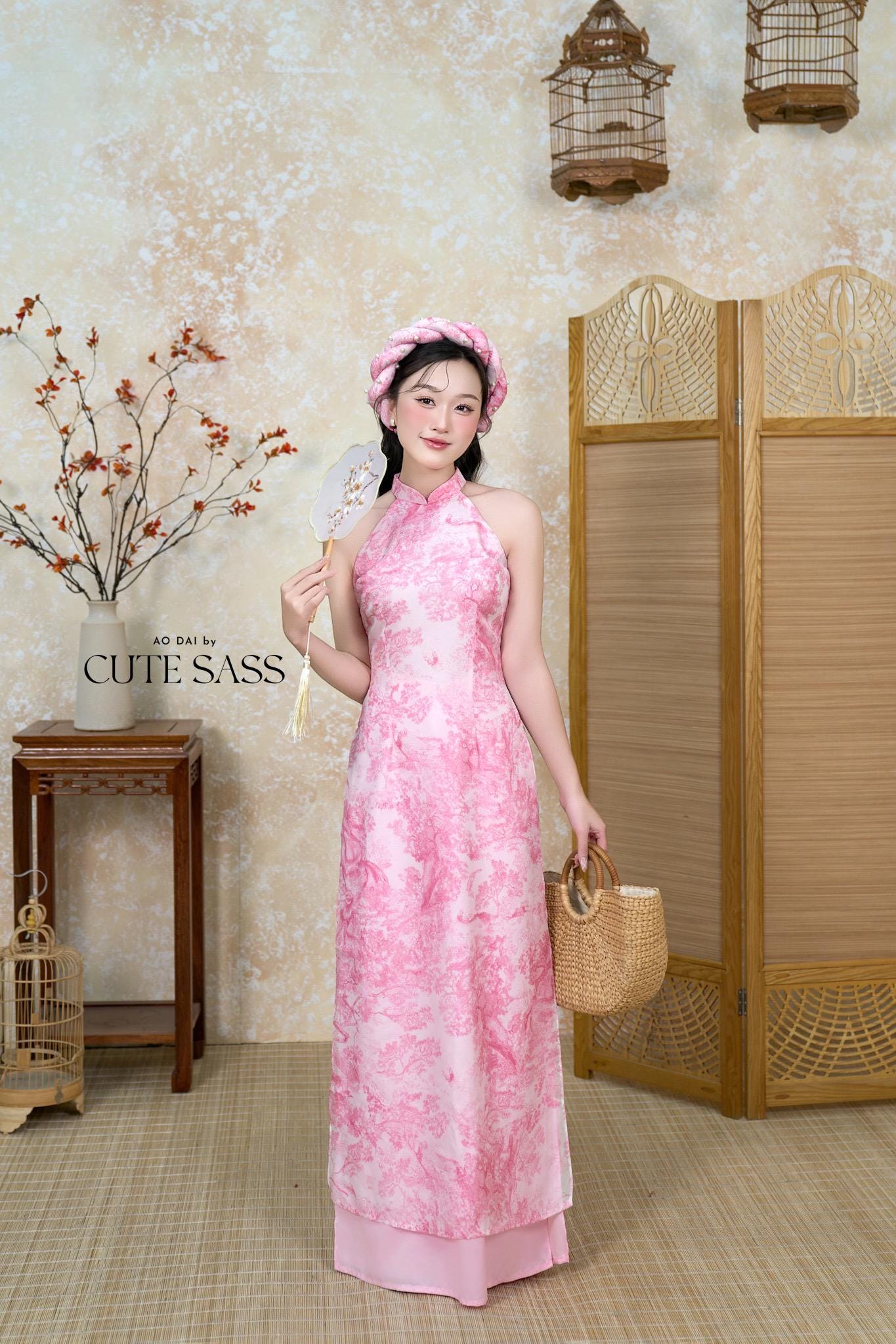 Pink Printed Yem-Inspired Ao Dai Top and Headband, No Pants, No Scarf FL