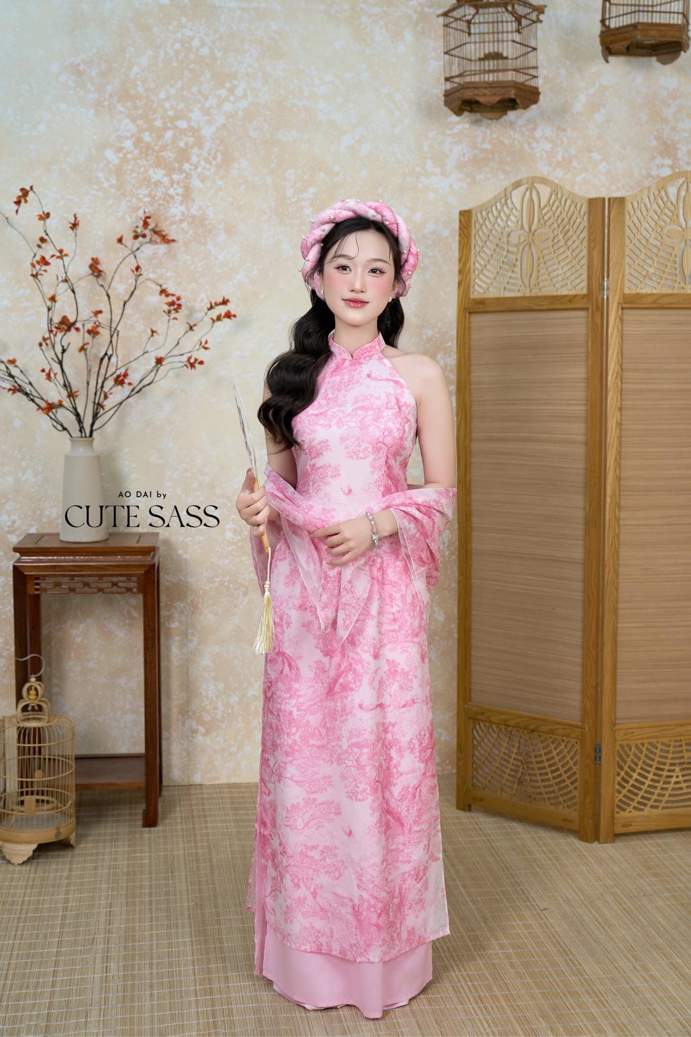 Pink Printed Yem-Inspired Ao Dai Top and Headband, No Pants, No Scarf FL