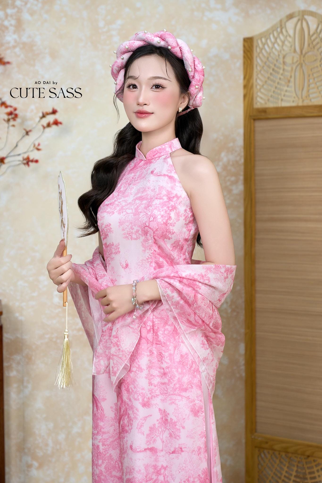 Pink Printed Yem-Inspired Ao Dai Top and Headband, No Pants, No Scarf FL