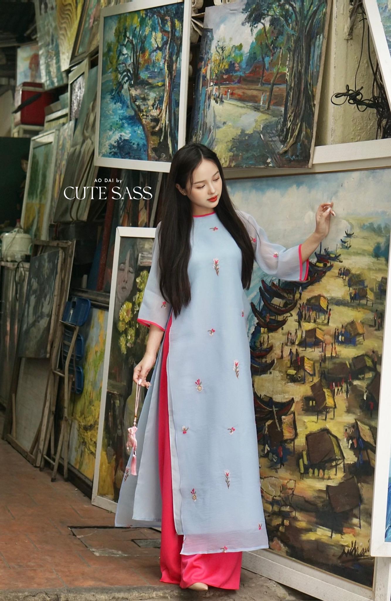 Shifted Blue Sakura Ao Dai Top with Hot Pink Pants 21-22B|Pre-made Modernized Vietnamese Ao Dai|Pastel Ao Dai |Lunar New Year|