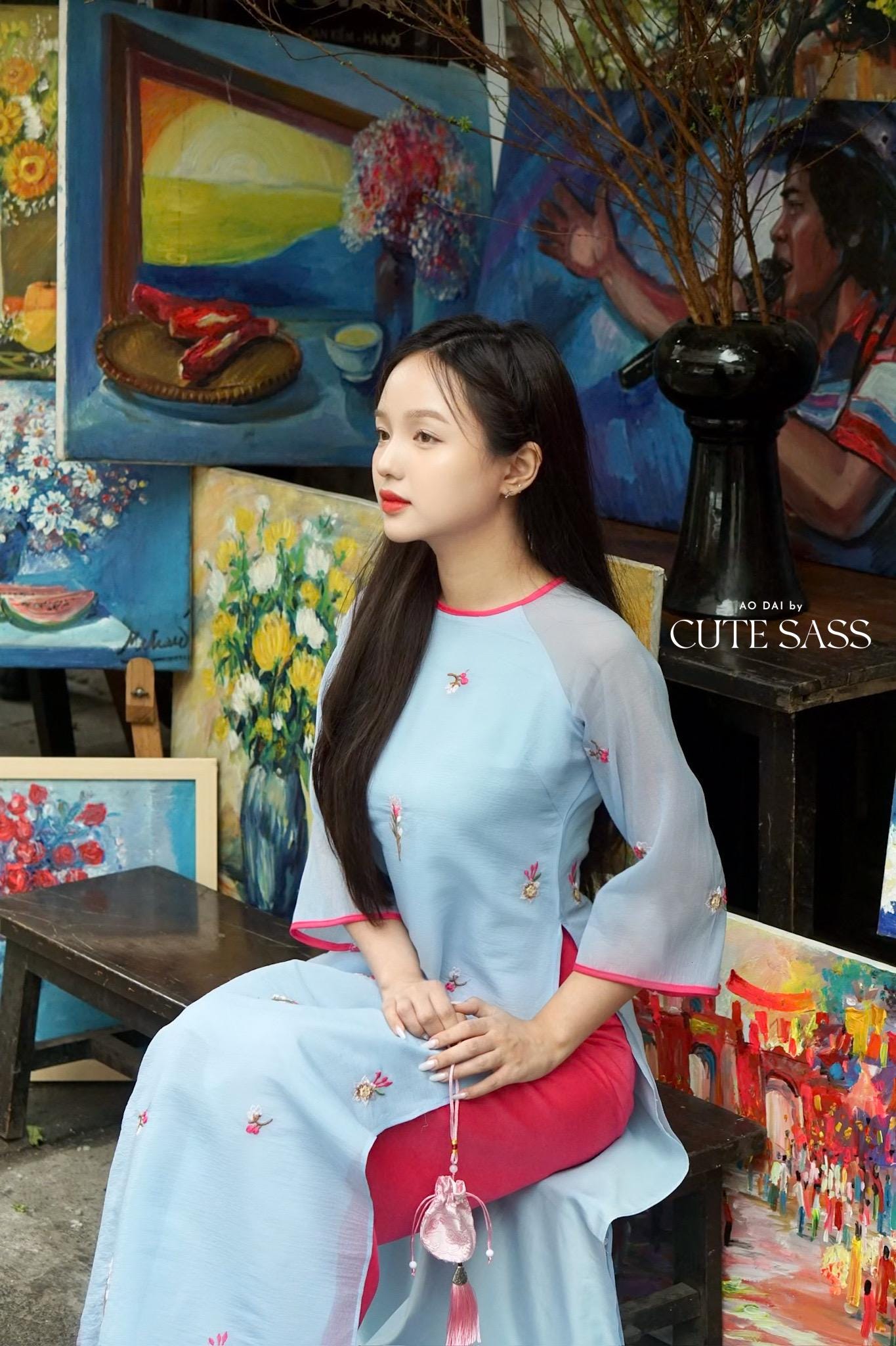 Shifted Blue Sakura Ao Dai Top with Hot Pink Pants 21-22B|Pre-made Modernized Vietnamese Ao Dai|Pastel Ao Dai |Lunar New Year|