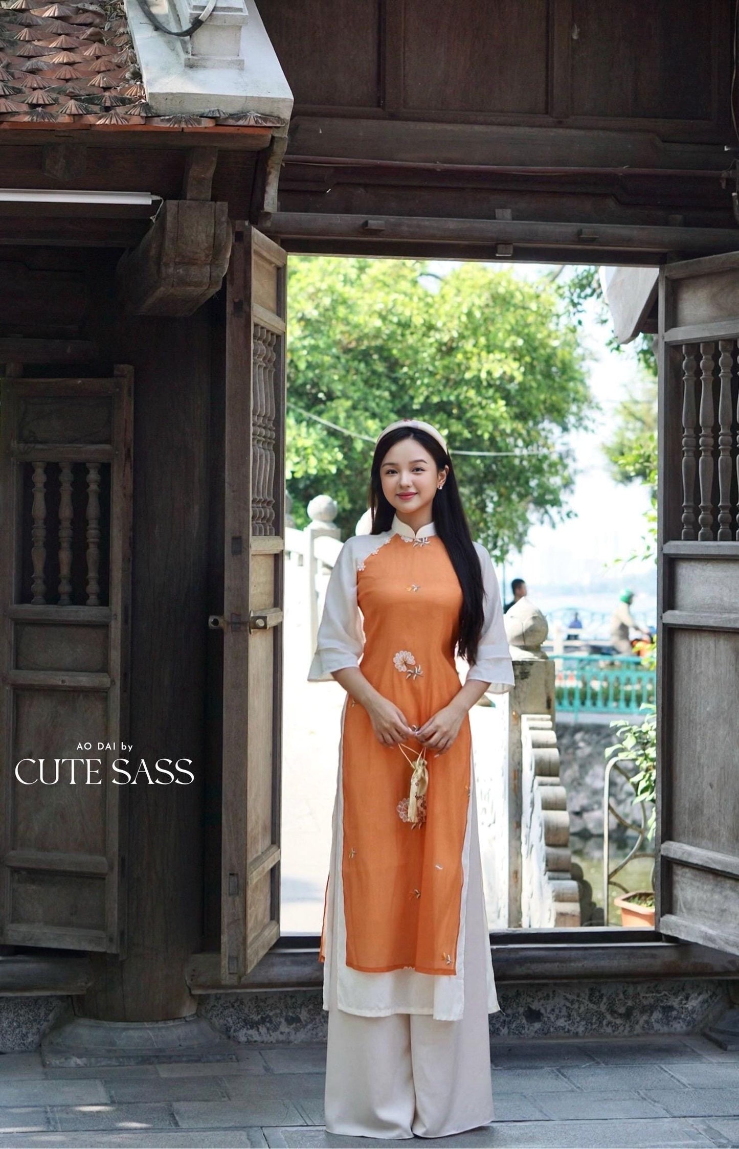 Shifted Orange Dahlia Ao Dai Top Only, NO PANTS |Pre-made Modernized Vietnamese Ao Dai|Pastel Ao Dai |Lunar New Year|