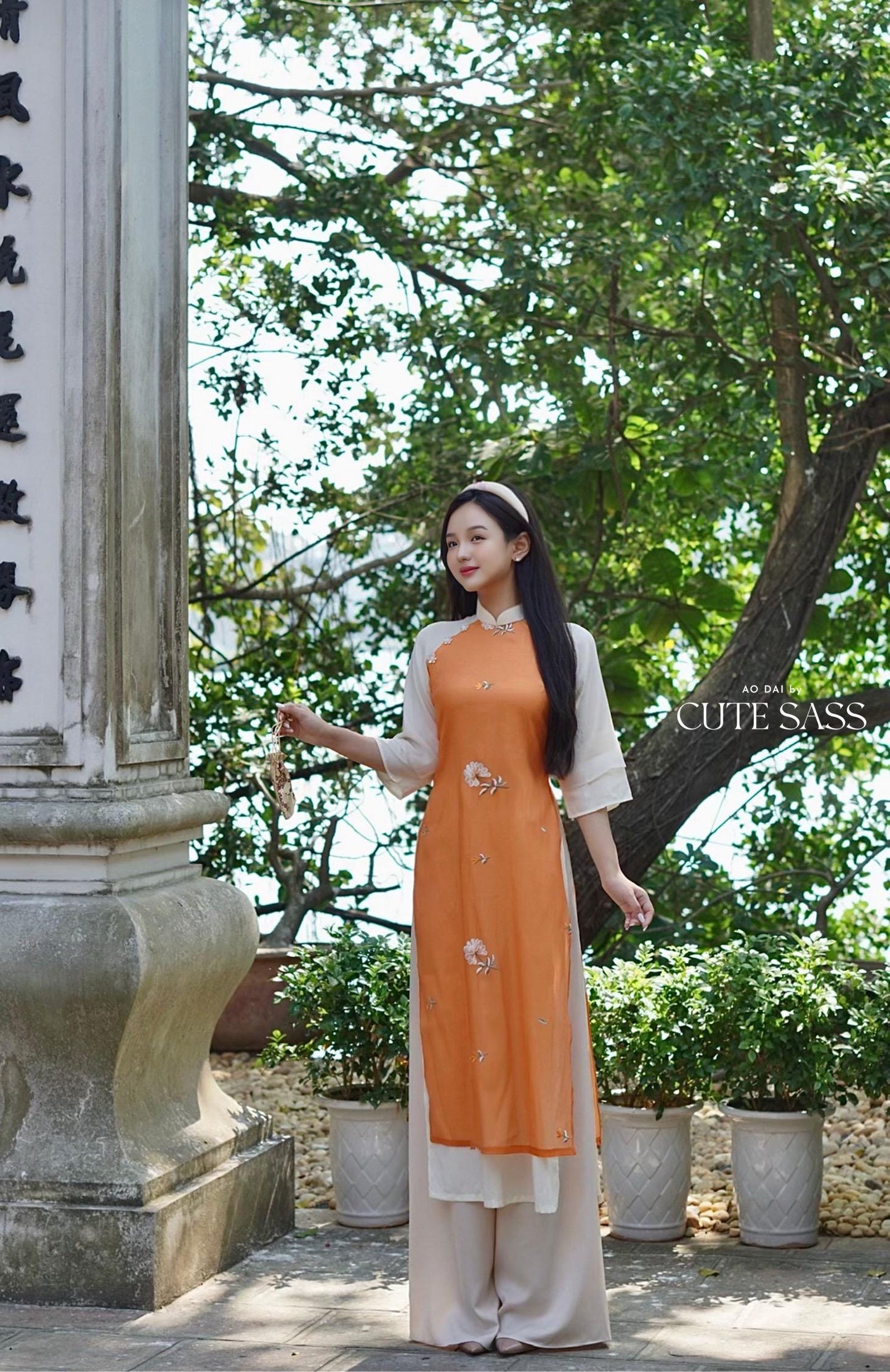 Shifted Orange Dahlia Ao Dai Top Only, NO PANTS |Pre-made Modernized Vietnamese Ao Dai|Pastel Ao Dai |Lunar New Year|