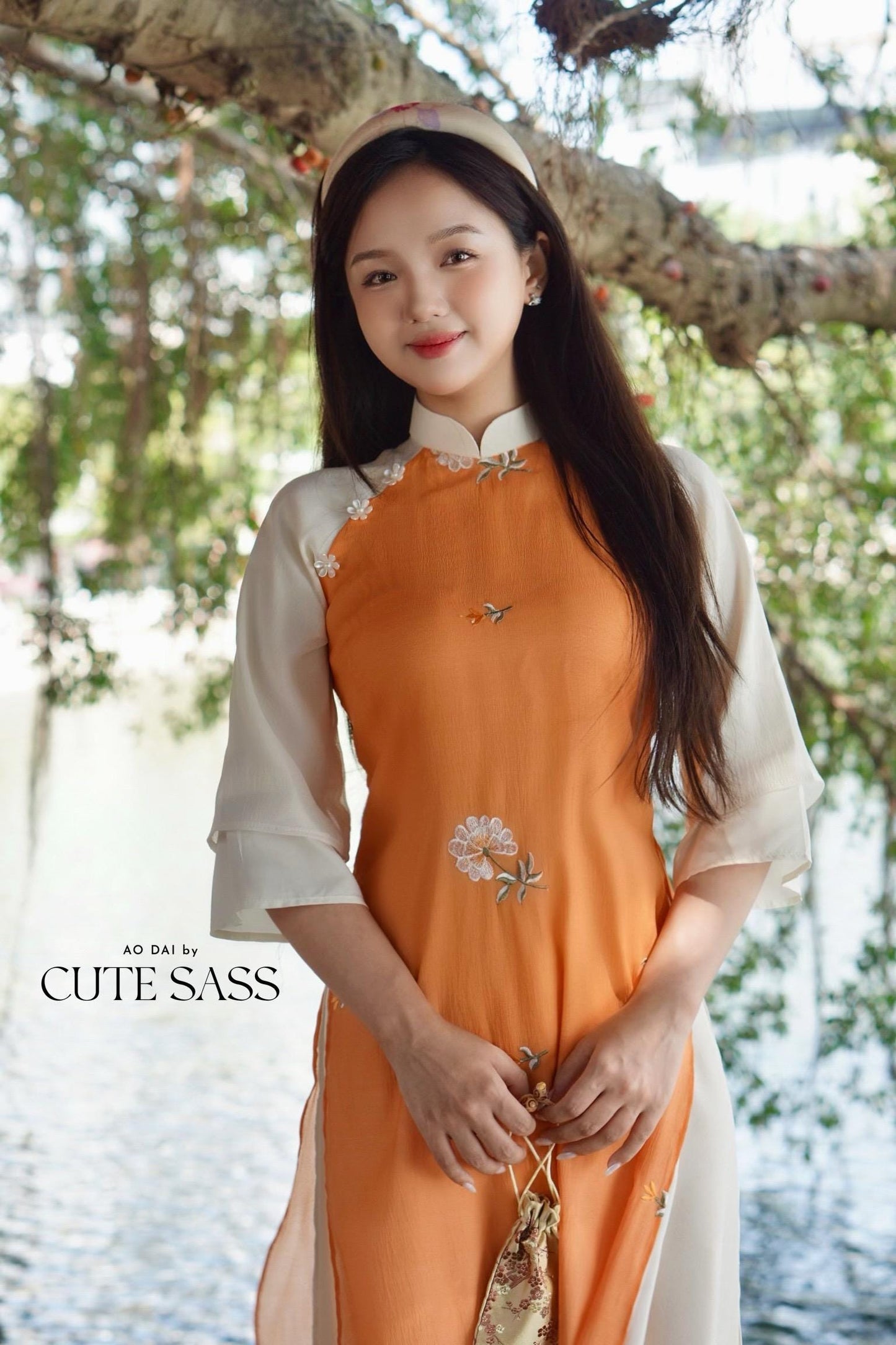 Shifted Orange Dahlia Ao Dai Top Only, NO PANTS |Pre-made Modernized Vietnamese Ao Dai|Pastel Ao Dai |Lunar New Year|