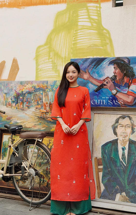 Shifted Red Sakura Ao Dai Top with Green Pants 21-22B|Pre-made Modernized Vietnamese Ao Dai|Pastel Ao Dai |Lunar New Year|