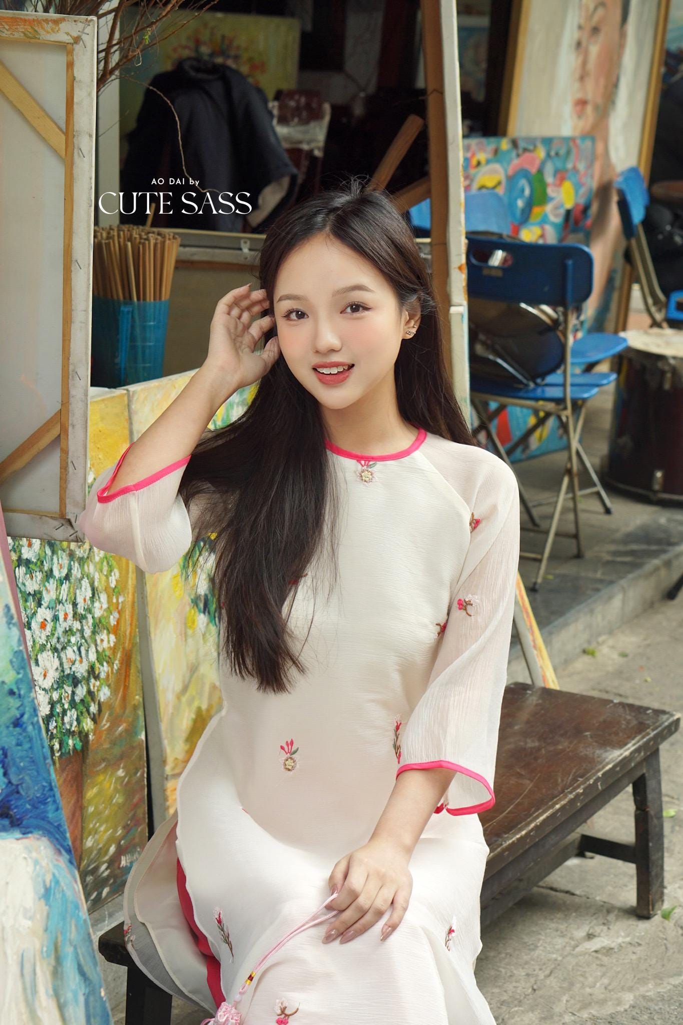 Shifted Cream Sakura Ao Dai Top with Hot Pink Pants 21-22B|Pre-made Modernized Vietnamese Ao Dai|Pastel Ao Dai |Lunar New Year|