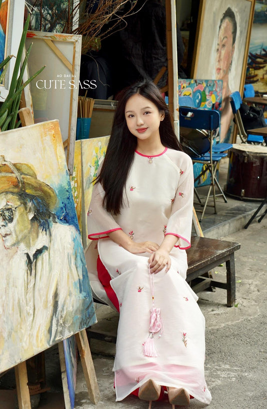 Shifted Cream Sakura Ao Dai Top with Hot Pink Pants 21-22B|Pre-made Modernized Vietnamese Ao Dai|Pastel Ao Dai |Lunar New Year|