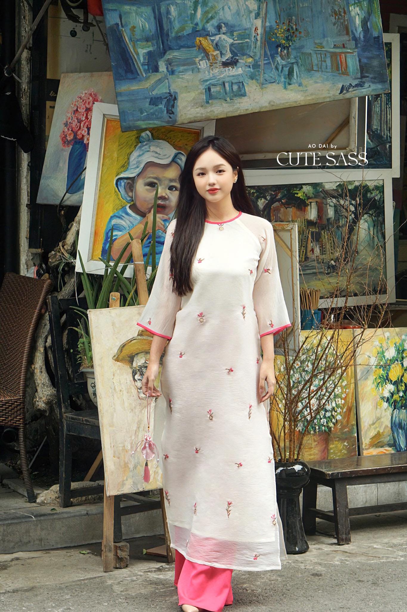 Shifted Cream Sakura Ao Dai Top with Hot Pink Pants 21-22B|Pre-made Modernized Vietnamese Ao Dai|Pastel Ao Dai |Lunar New Year|