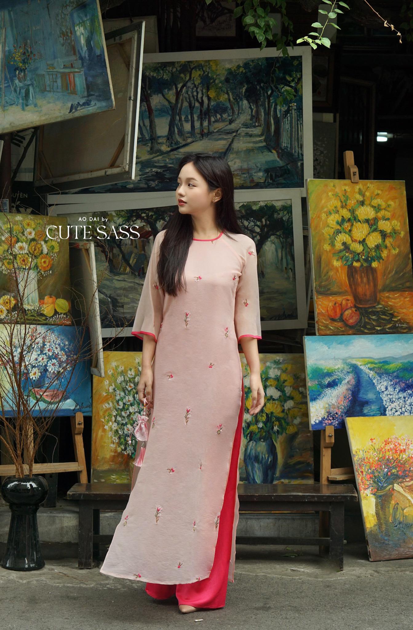 Shifted Pink Sakura Ao Dai Top with Hot Pink Pants 21-22B|Pre-made Modernized Vietnamese Ao Dai|Pastel Ao Dai |Lunar New Year|