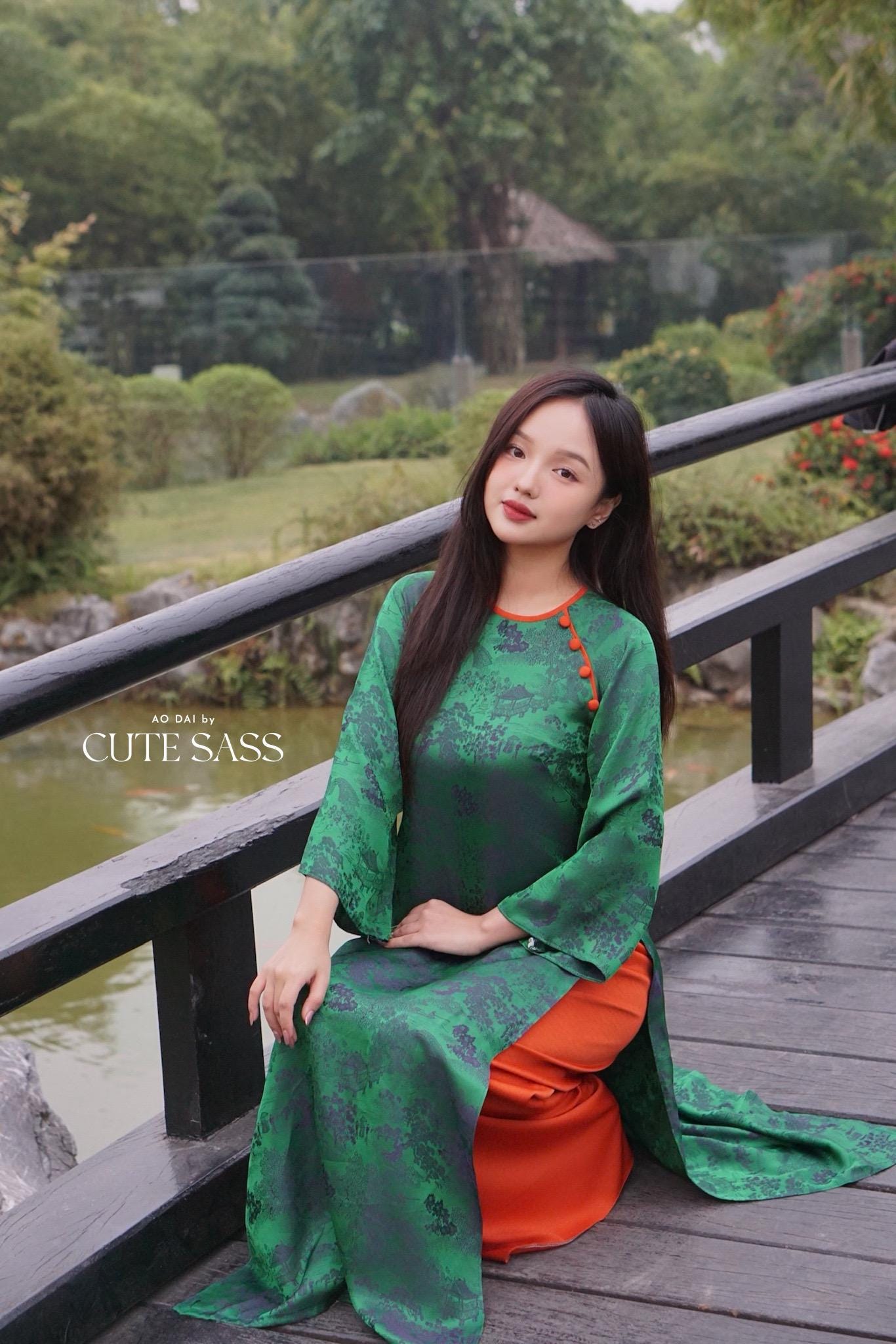 Dark Green Tu Minh Pattern Silk with Buttons Ao Dai Set 12-13B|Pre-made Modernized Vietnamese Ao Dai with Pants | Lunar New Year |