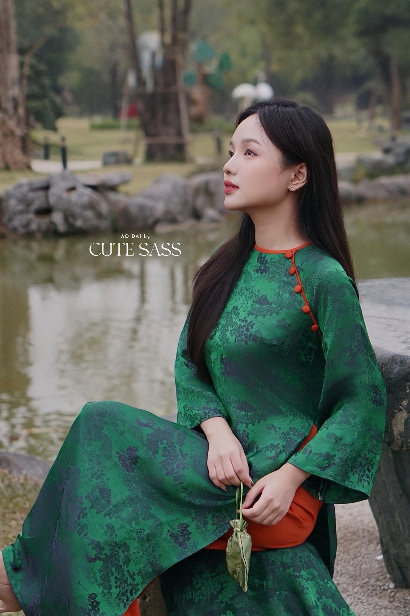 Dark Green Tu Minh Pattern Silk with Buttons Ao Dai Set 12-13B|Pre-made Modernized Vietnamese Ao Dai with Pants | Lunar New Year |