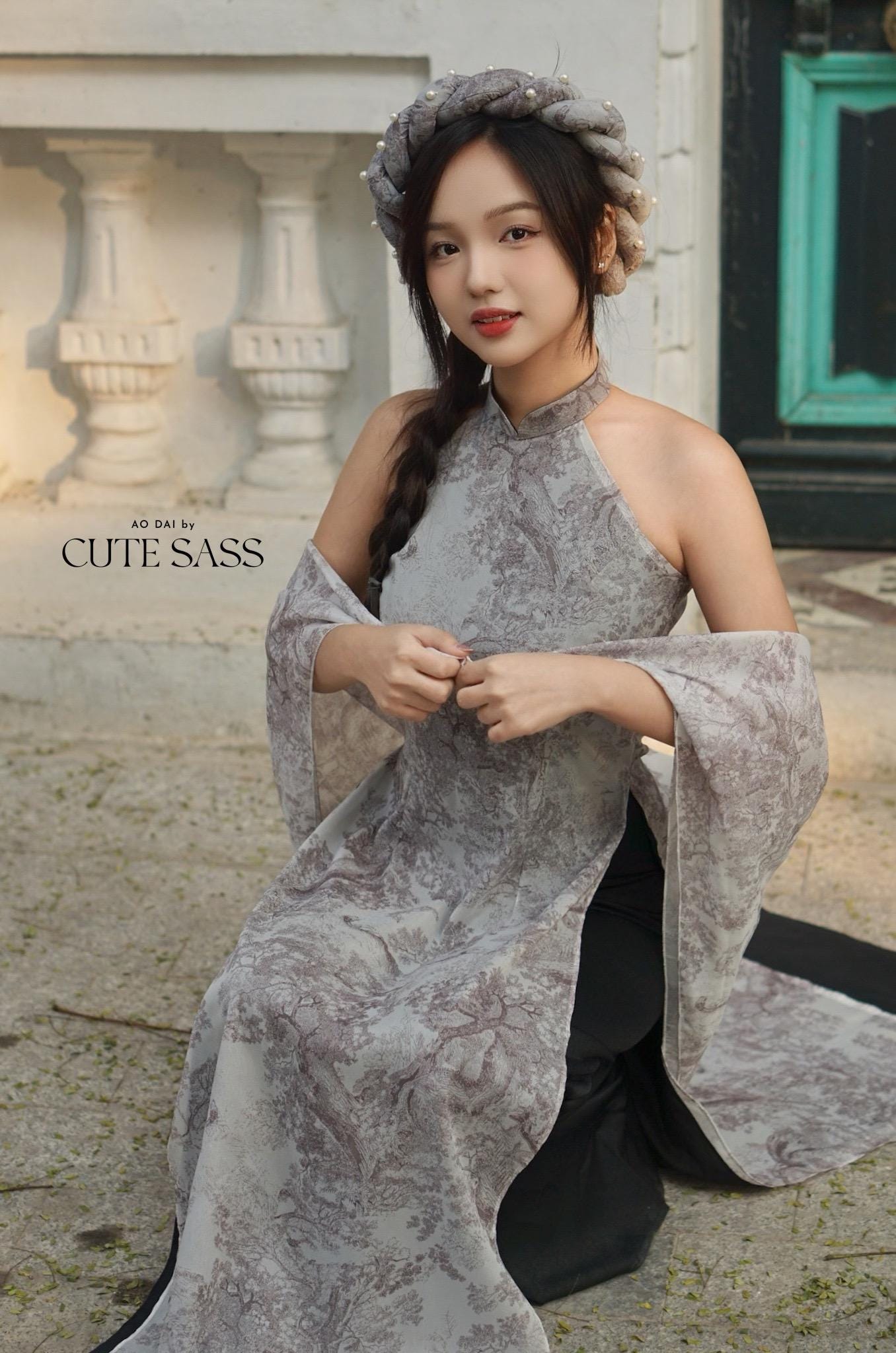 Charcoal Printed Yem-Inspired Ao Dai Top and Headband, No Pants, No Scarf FL