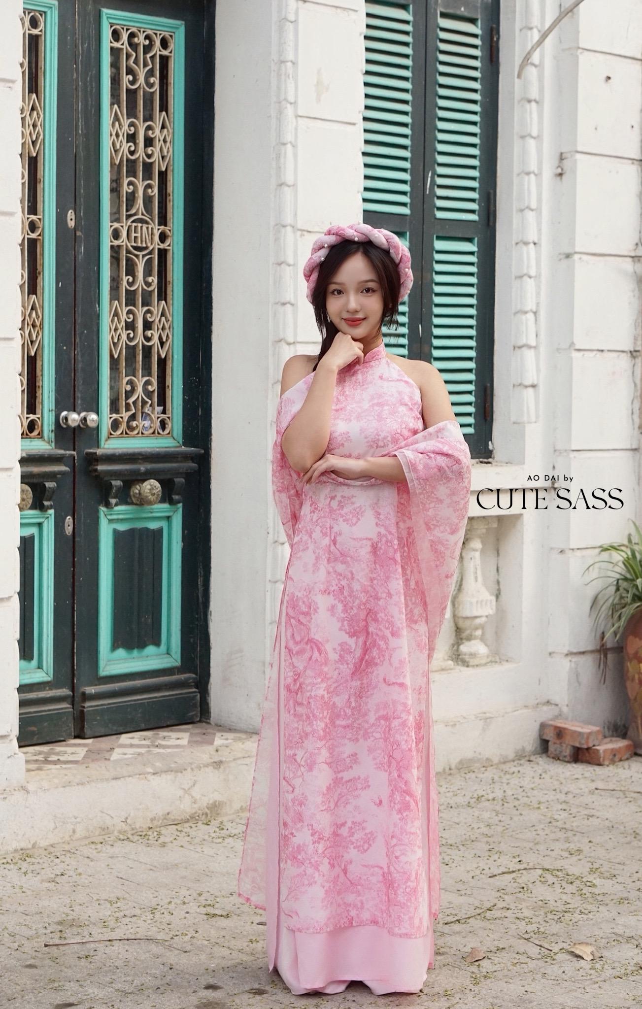 Pink Printed Yem-Inspired Ao Dai Top and Headband, No Pants, No Scarf FL