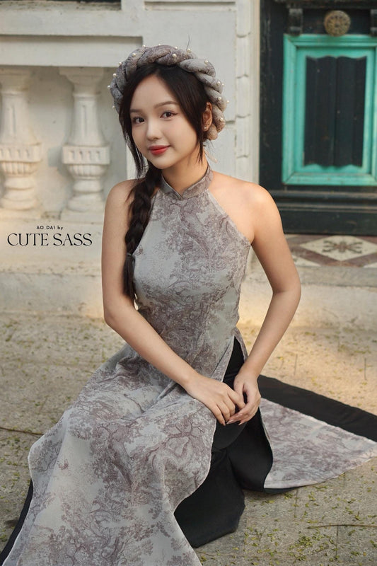 Charcoal Printed Yem-Inspired Ao Dai Top and Headband, No Pants, No Scarf FL