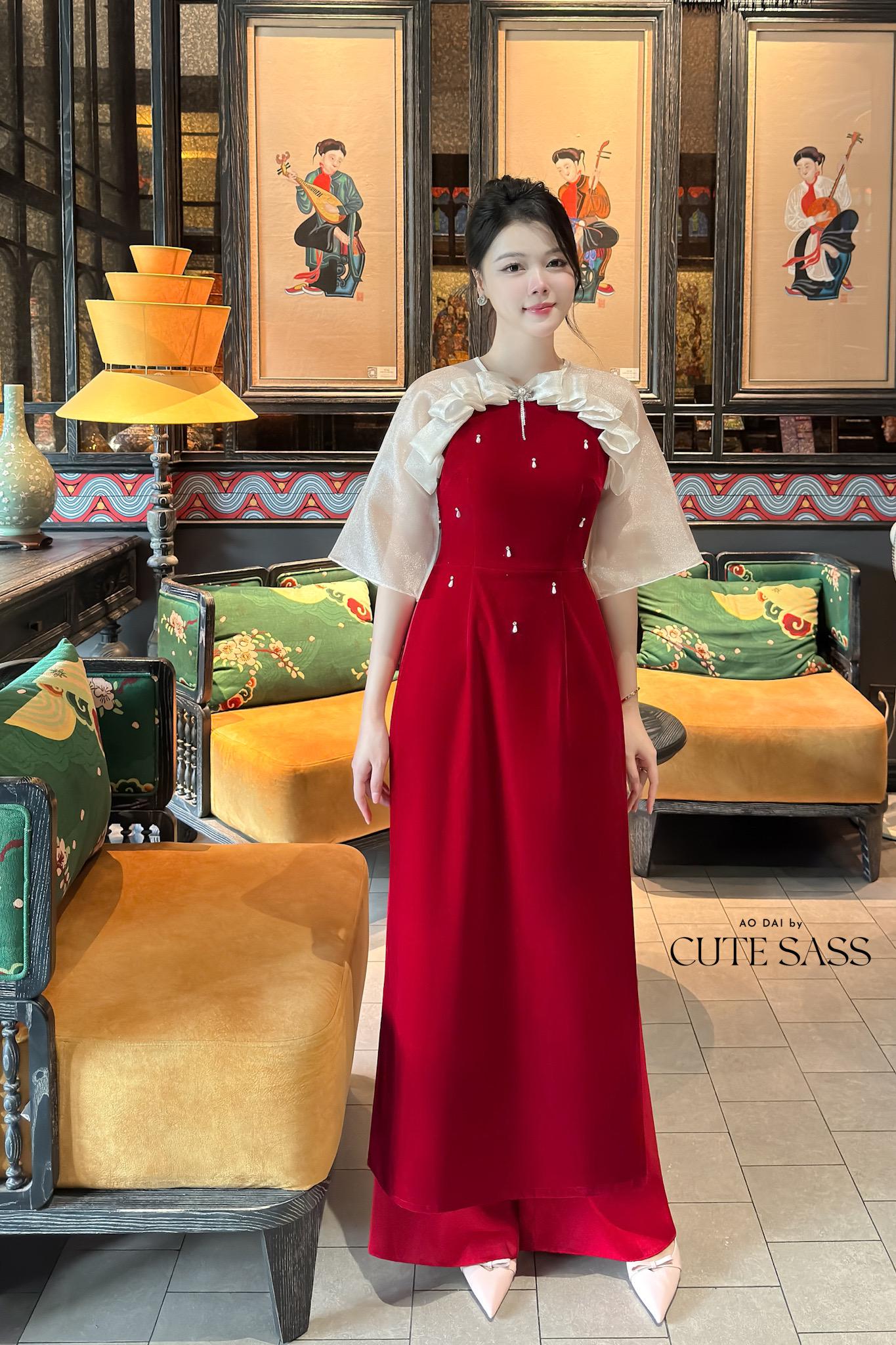 Huyen Mi - Red Hard Velvet Bow Ao Dai Set 35B|Pre-made Traditional Vietnamese Women Ao Dai with Pants | Lunar New Year|Ao Dai Cach Tan