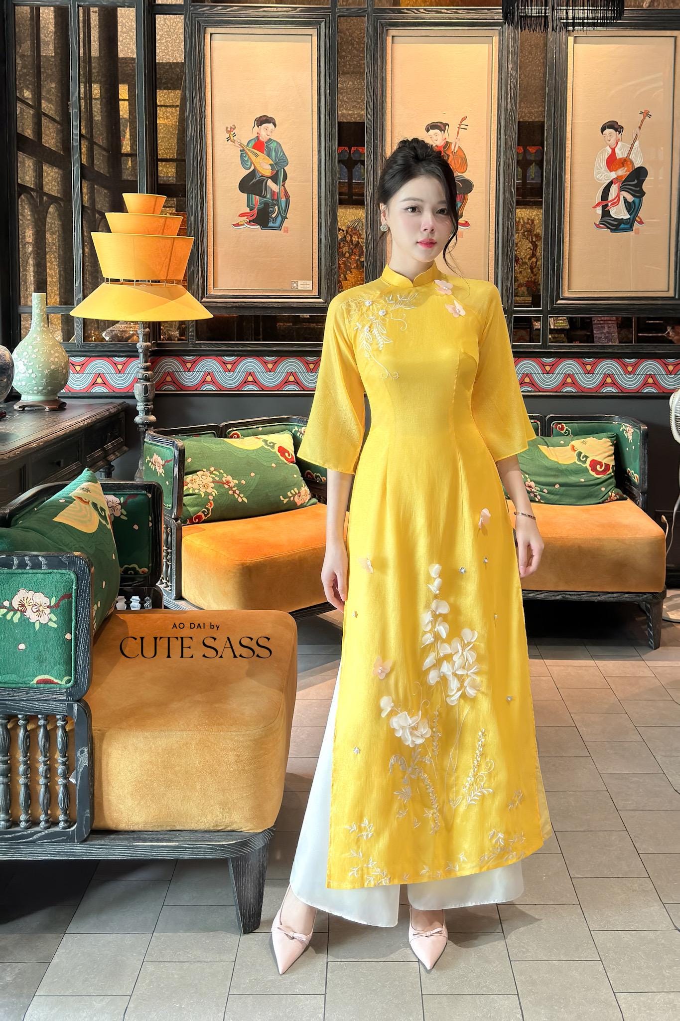 Yen Oanh - Yellow 3D Linh Lan Ao Butterflies Dai Set 19C|Pre-made Traditional Vietnamese Women Ao Dai with Pants|Lunar New Year|