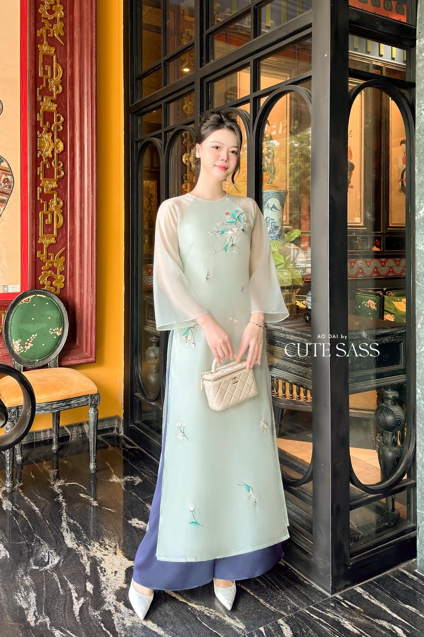 Nhien Ha - Cyan Embroidery Daisy Branches Ao Dai Set |Pre-made Traditional Vietnamese Women Ao Dai with Pants|Lunar New Year|Ao Dai Cach Tan