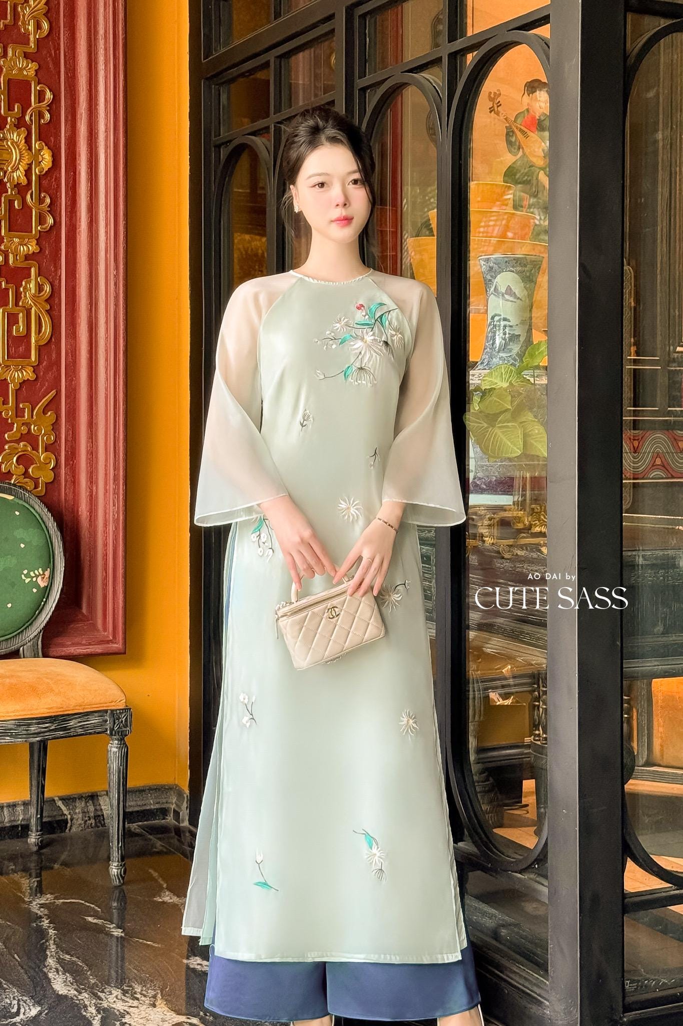 Nhien Ha - Cyan Embroidery Daisy Branches Ao Dai Set |Pre-made Traditional Vietnamese Women Ao Dai with Pants|Lunar New Year|Ao Dai Cach Tan