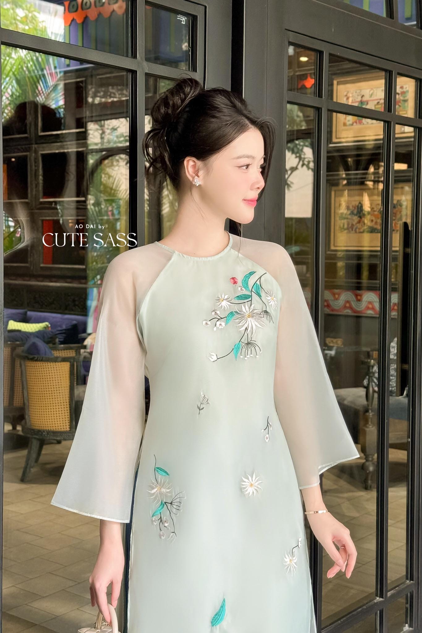 Nhien Ha - Cyan Embroidery Daisy Branches Ao Dai Set |Pre-made Traditional Vietnamese Women Ao Dai with Pants|Lunar New Year|Ao Dai Cach Tan