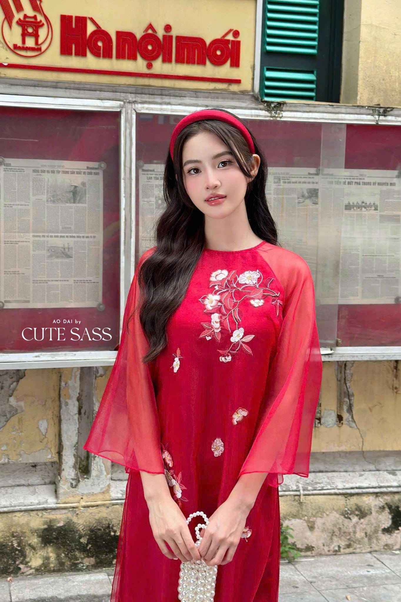 Nhien Ha - Red Embroidery Carnation Ao Dai Set