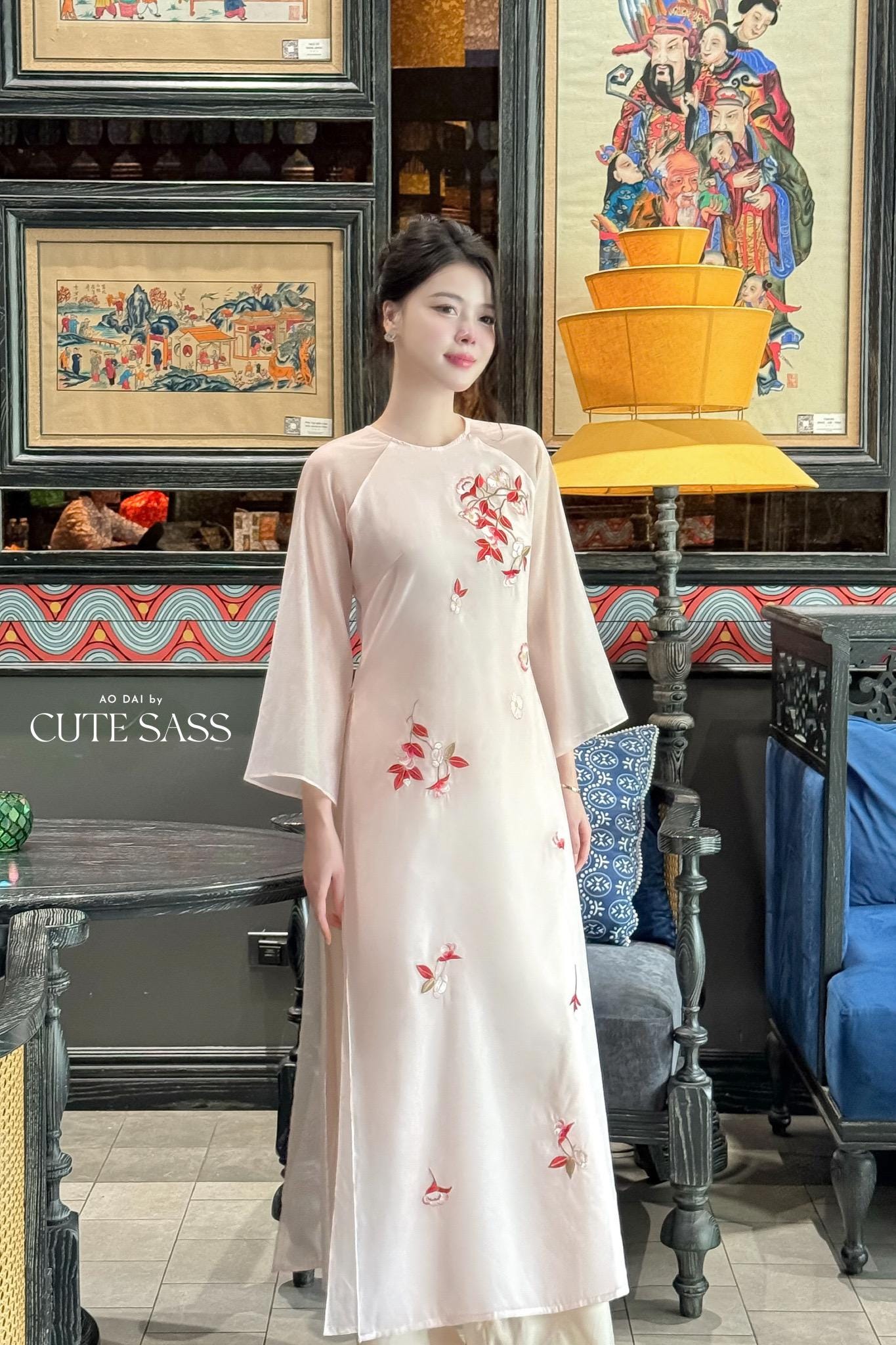 Nhien Ha - Pink Embroidery Carnation Ao Dai Set 23D|Pre-made Traditional Vietnamese Women Ao Dai with Pants|Lunar New Year|Ao Dai Cach Tan