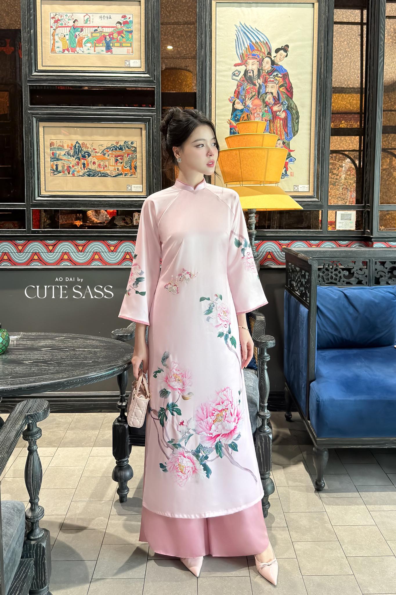 Nhien Ha - Pink Printed Peony Ao Dai Set 22C|Pre-made Traditional Vietnamese Women Ao Dai with Pants|Lunar New Year|Ao Dai Cach Tan