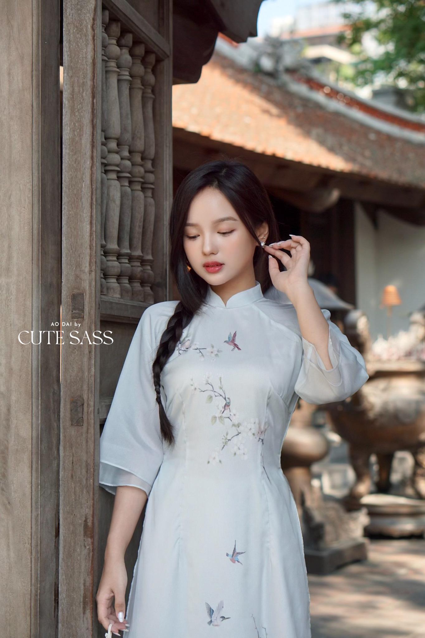 Yen Oanh - Ash Blue Sparkle Garden Butterflies Dai Set 23A|Pre-made Traditional Vietnamese Women Ao Dai with Pants|Lunar New Year|