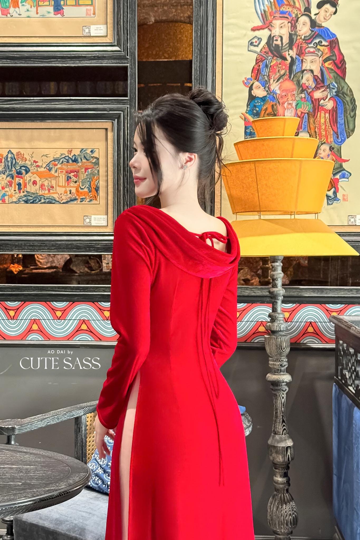 Huyen Mi - Red Velvet Boat Neckline Ao Dai Set |Pre-made Traditional Vietnamese Women Ao Dai with Pants | Lunar New Year|Ao Dai Cach Tan