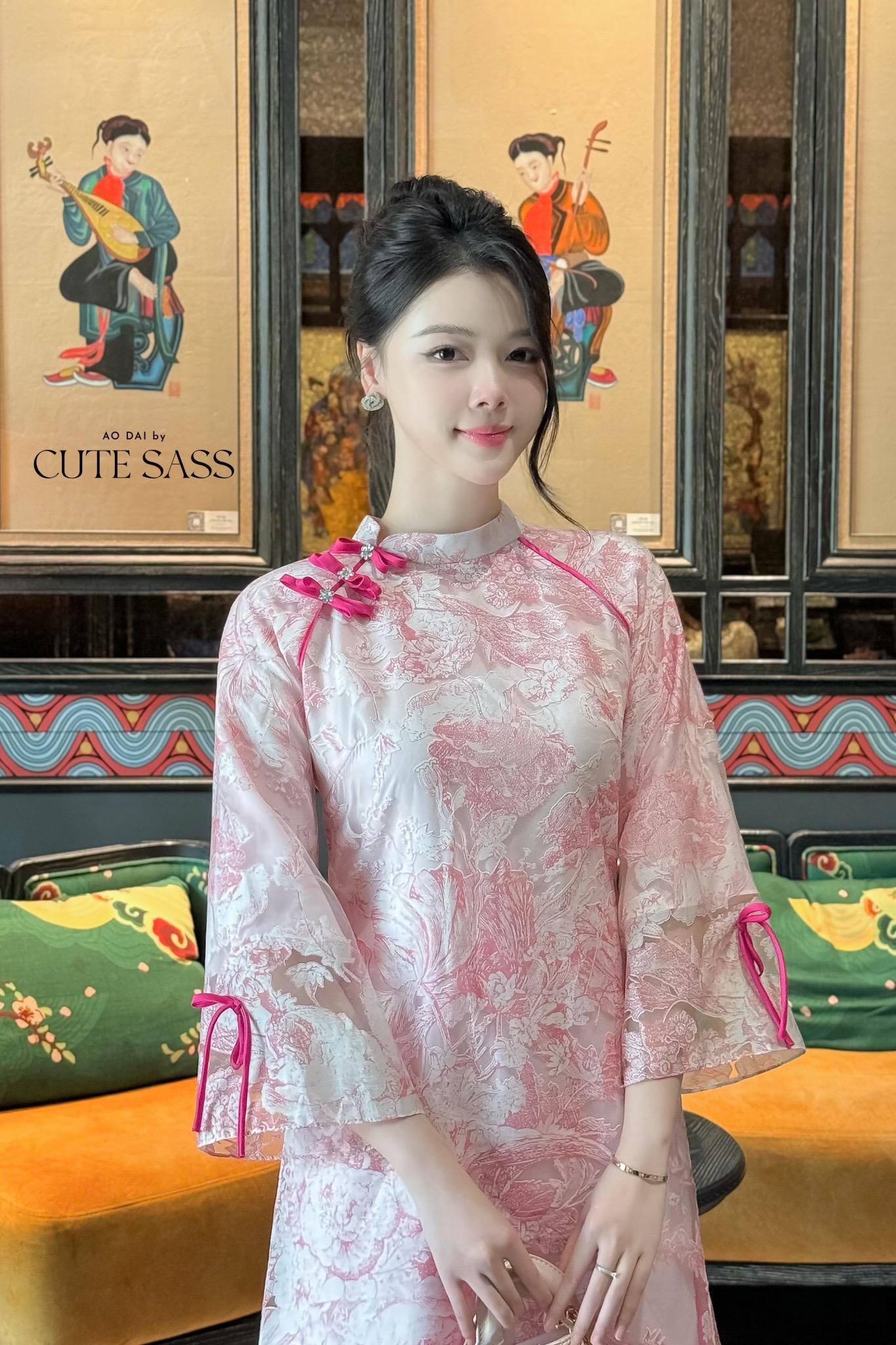 Nhien Ha - Pink Leaf Foliage Ao Dai Set |Pre-made Traditional Vietnamese Women Ao Dai with Pants|Lunar New Year|Ao Dai Cach Tan