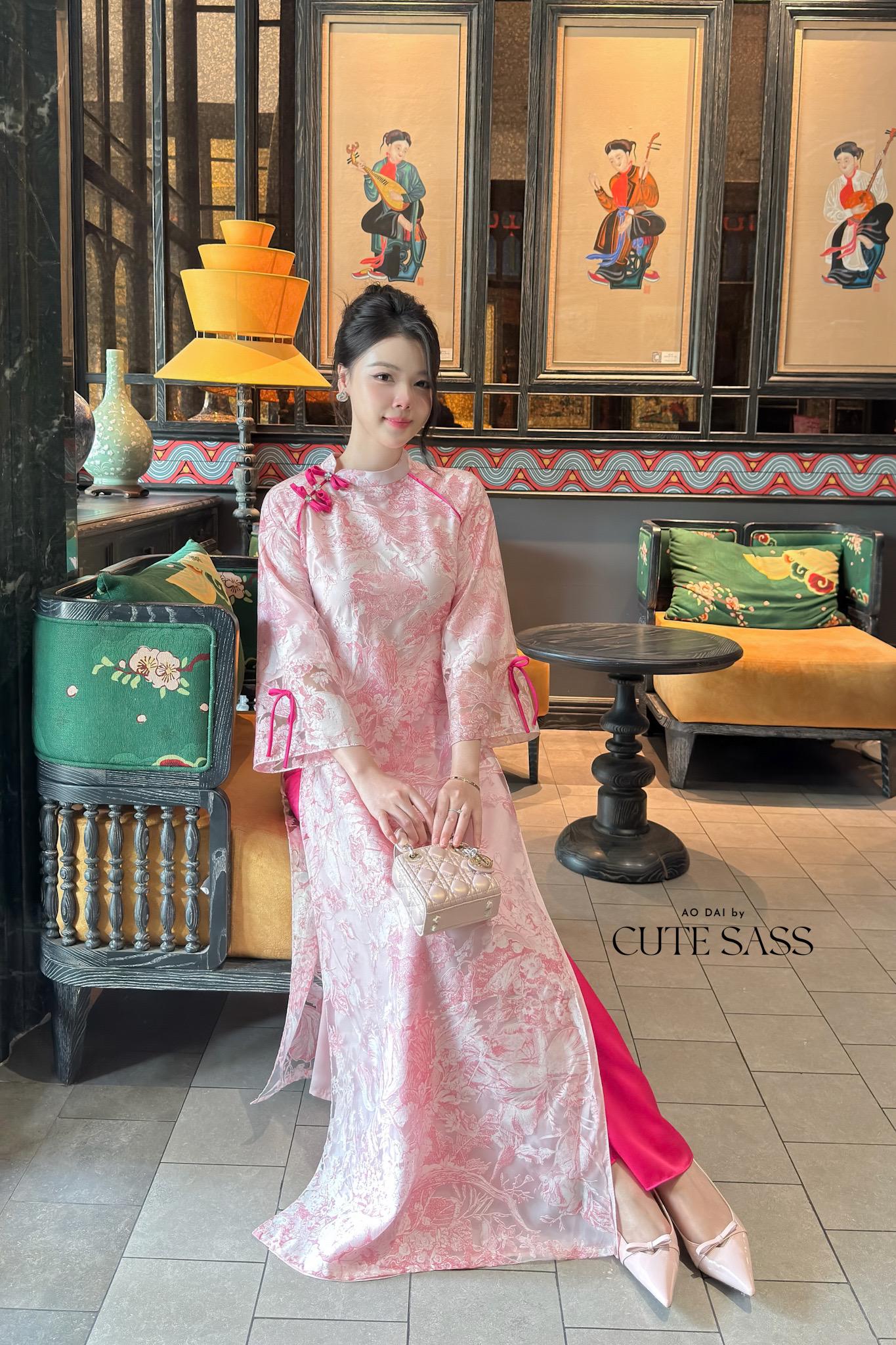 Nhien Ha - Pink Leaf Foliage Ao Dai Set |Pre-made Traditional Vietnamese Women Ao Dai with Pants|Lunar New Year|Ao Dai Cach Tan
