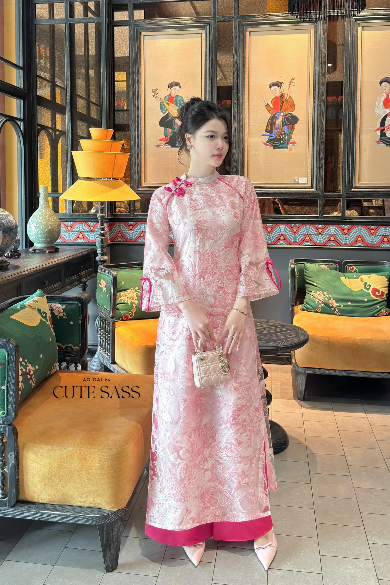 Nhien Ha - Pink Leaf Foliage Ao Dai Set |Pre-made Traditional Vietnamese Women Ao Dai with Pants|Lunar New Year|Ao Dai Cach Tan