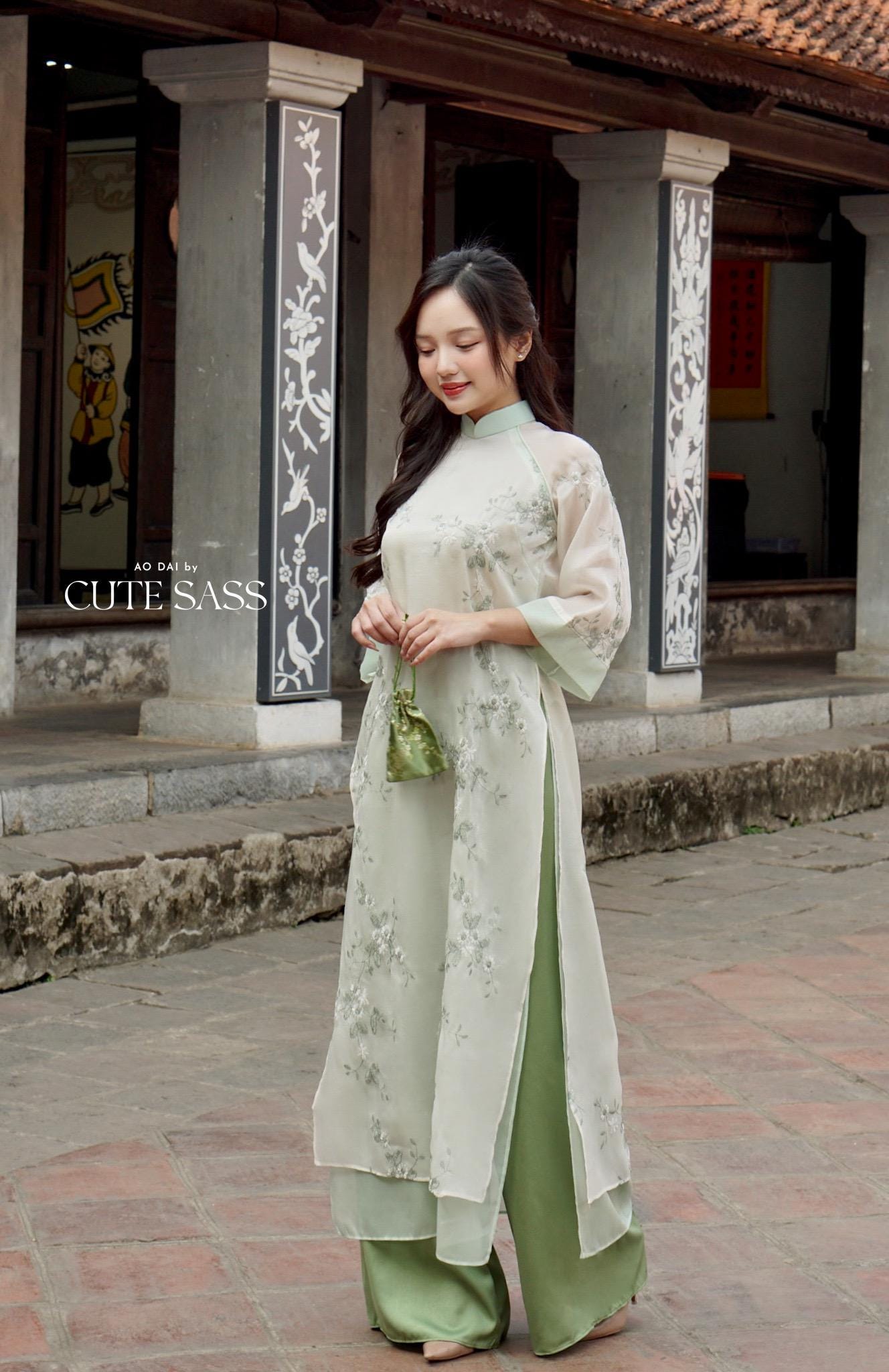 Shifted Cyan Embroidery Chiffon with Clover Tassel Ao Dai Set |Pre-made Vietnamese Women Ao Dai with Pants | Lunar New Year|Ao Dai Cach Tan