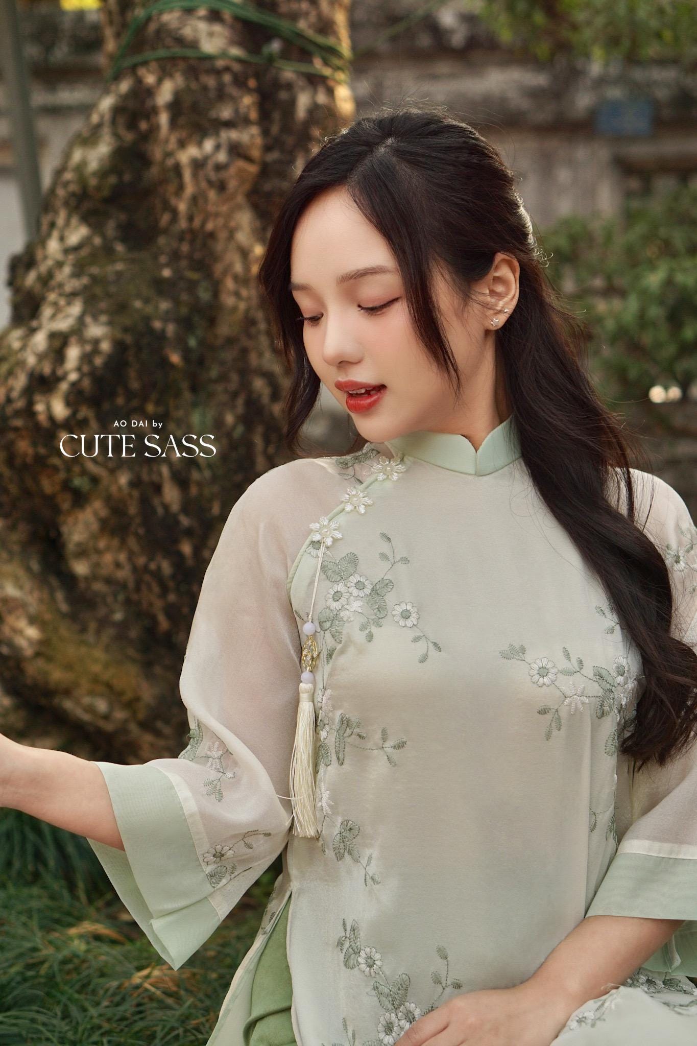 Shifted Cyan Embroidery Chiffon with Clover Tassel Ao Dai Set |Pre-made Vietnamese Women Ao Dai with Pants | Lunar New Year|Ao Dai Cach Tan