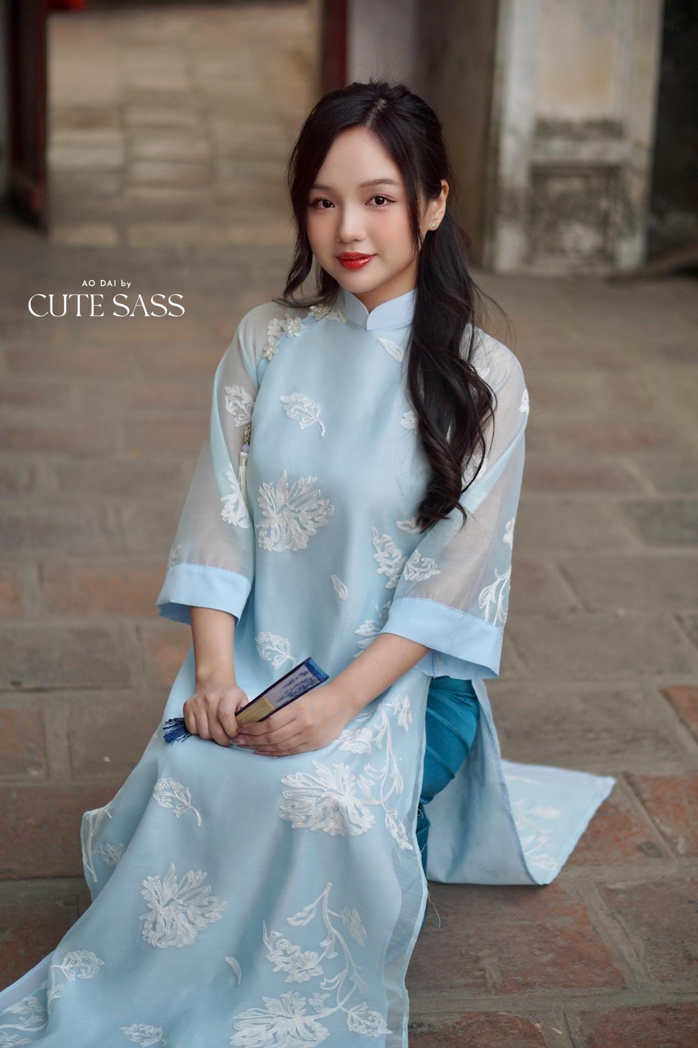 Shifted Blue Embroidery Chiffon with Flower Pearl Ao Dai Set |Pre-made Vietnamese Women Ao Dai with Pants | Lunar New Year|Ao Dai Cach Tan
