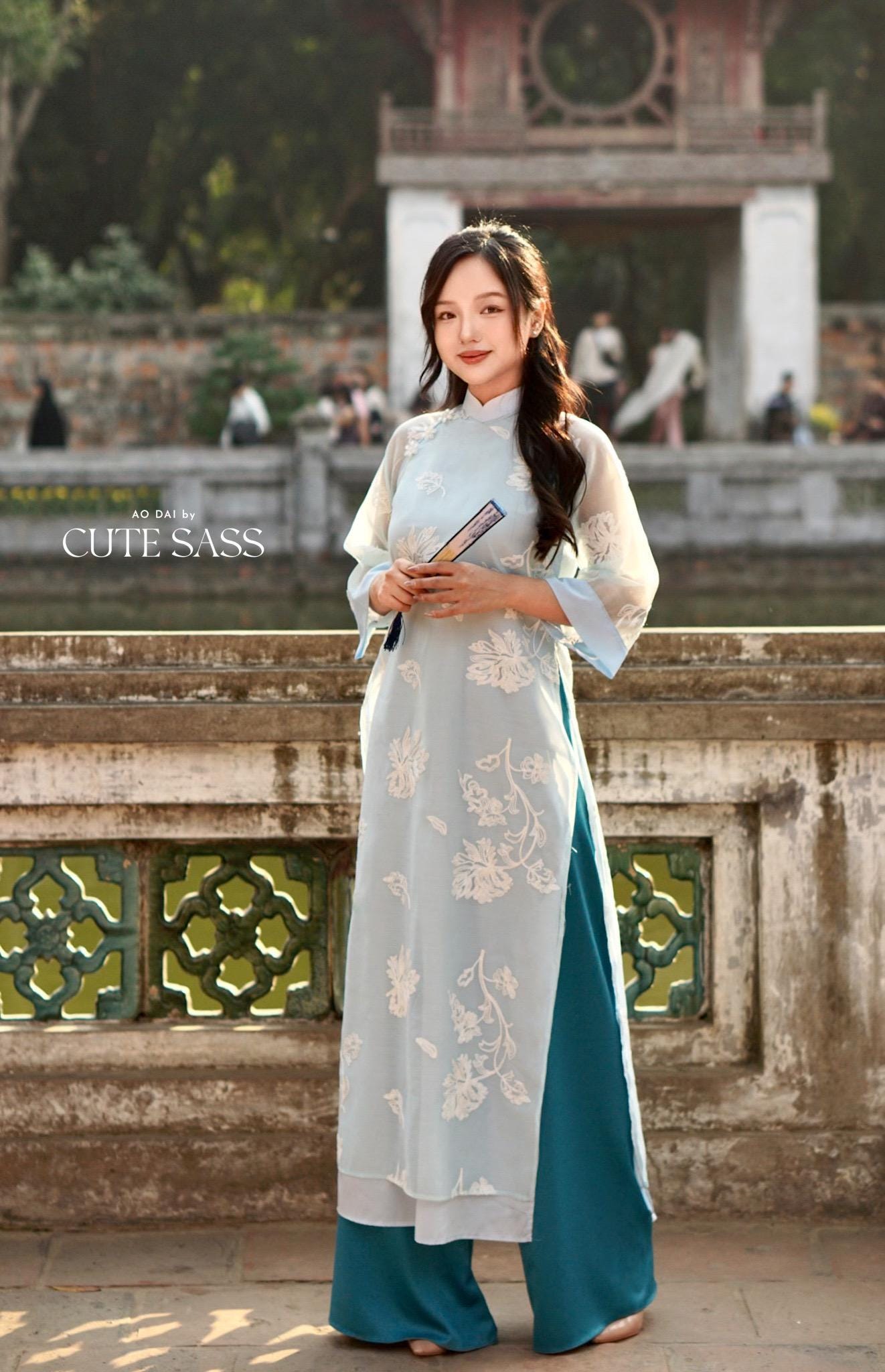 Shifted Blue Embroidery Chiffon with Flower Pearl Ao Dai Set |Pre-made Vietnamese Women Ao Dai with Pants | Lunar New Year|Ao Dai Cach Tan