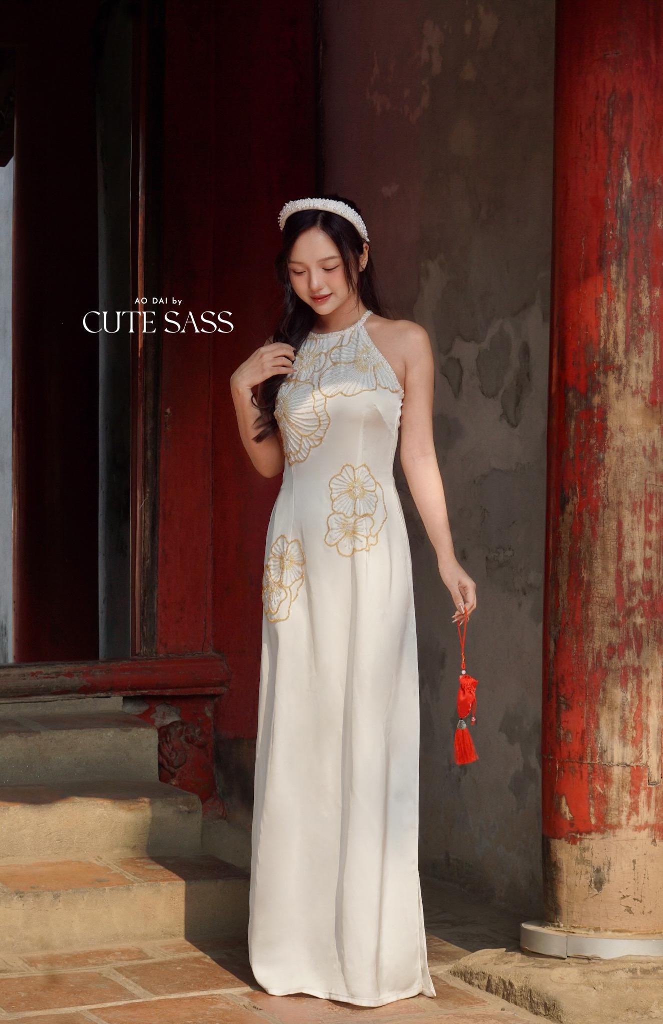 Ivory Bling Yem-Inspired Ao Dai Set (No Headband)| Pre-made Modernized Vietnamese Ao Dai with Pants| Lunar New Year