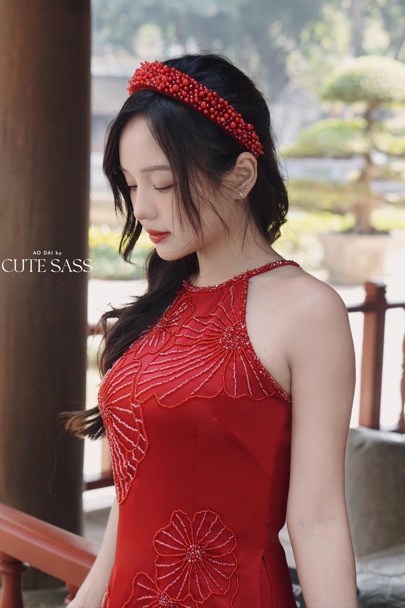 Red Bling Yem-Inspired Ao Dai Set (No Headband)| Pre-made Modernized Vietnamese Ao Dai with Pants| Lunar New Year