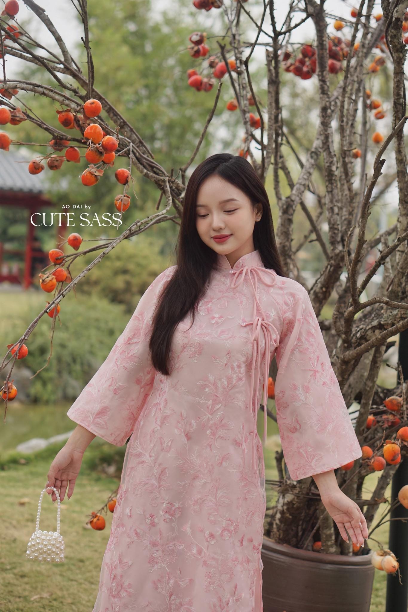 Shifted Pink Embroidery Butterflies Bows Ao Dai Set |Pre-made Vietnamese Women Ao Dai with Pants | Lunar New Year|Ao Dai Cach Tan