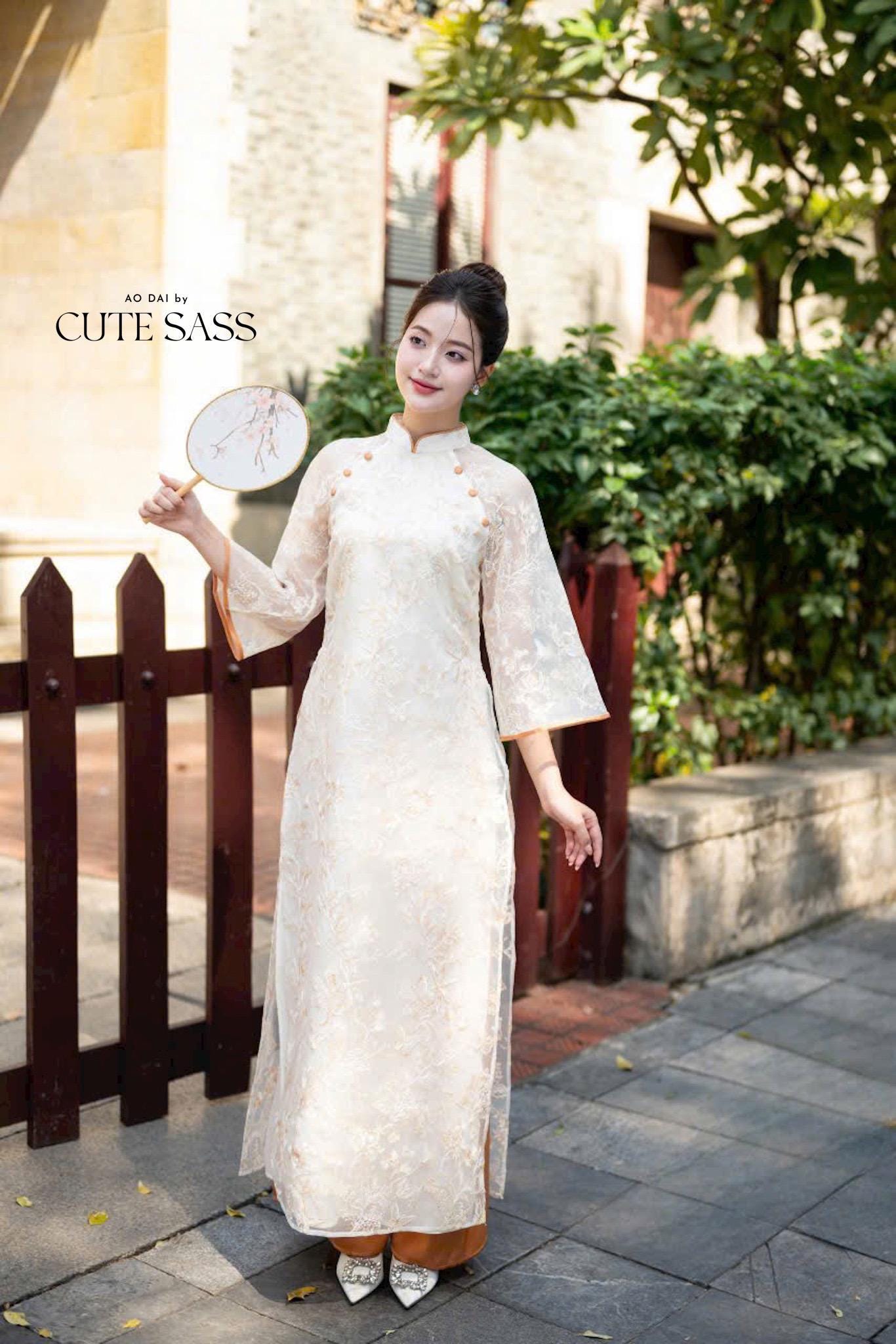 Shifted Cream Chiffon Embroidery with Coral Buttons Ao Dai Set 12 A|Pre-made Vietnamese Ao Dai with Pants | Lunar New Year|Ao Dai Cach Tan