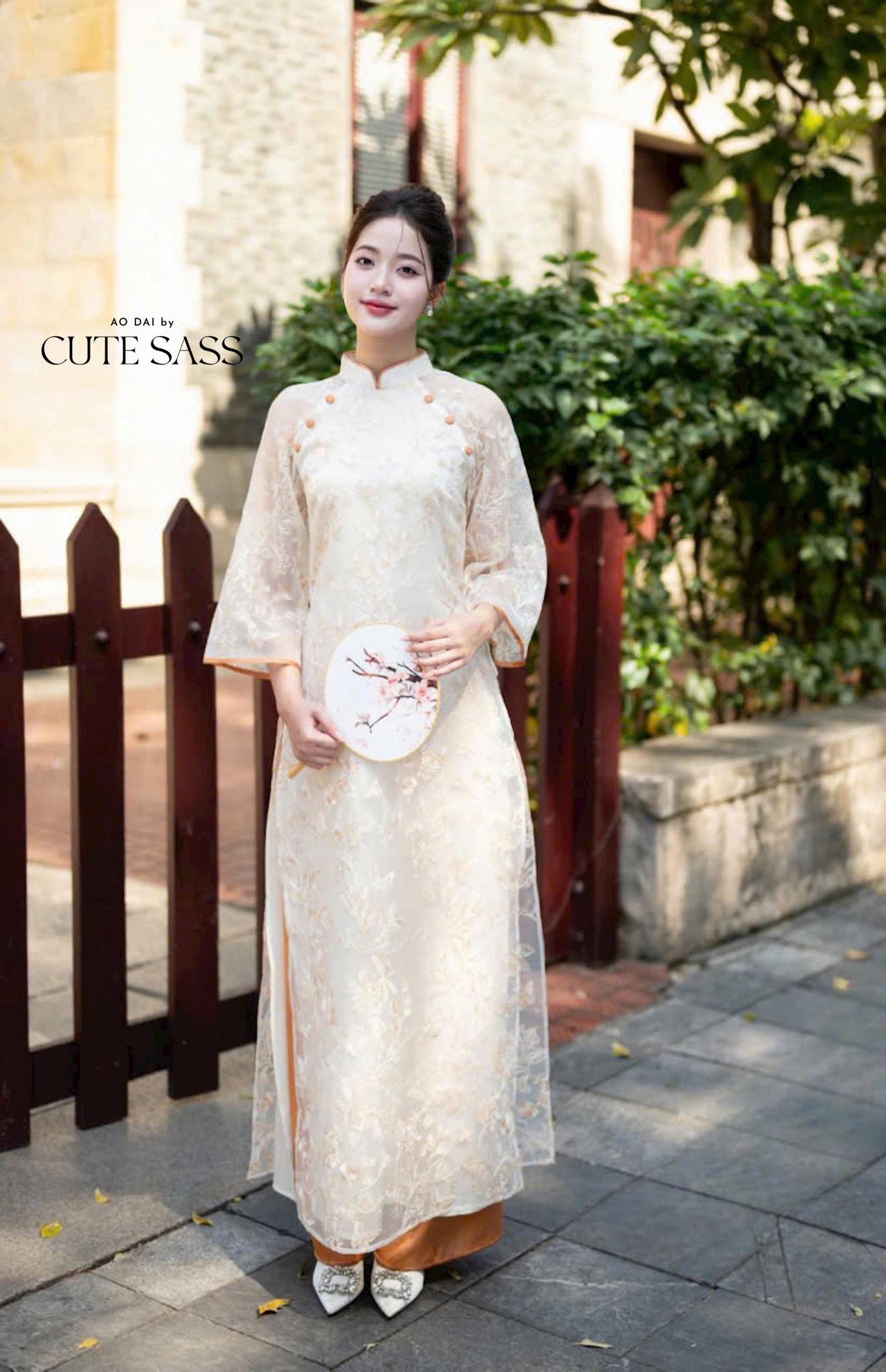 Shifted Cream Chiffon Embroidery with Coral Buttons Ao Dai Set 12 A|Pre-made Vietnamese Ao Dai with Pants | Lunar New Year|Ao Dai Cach Tan
