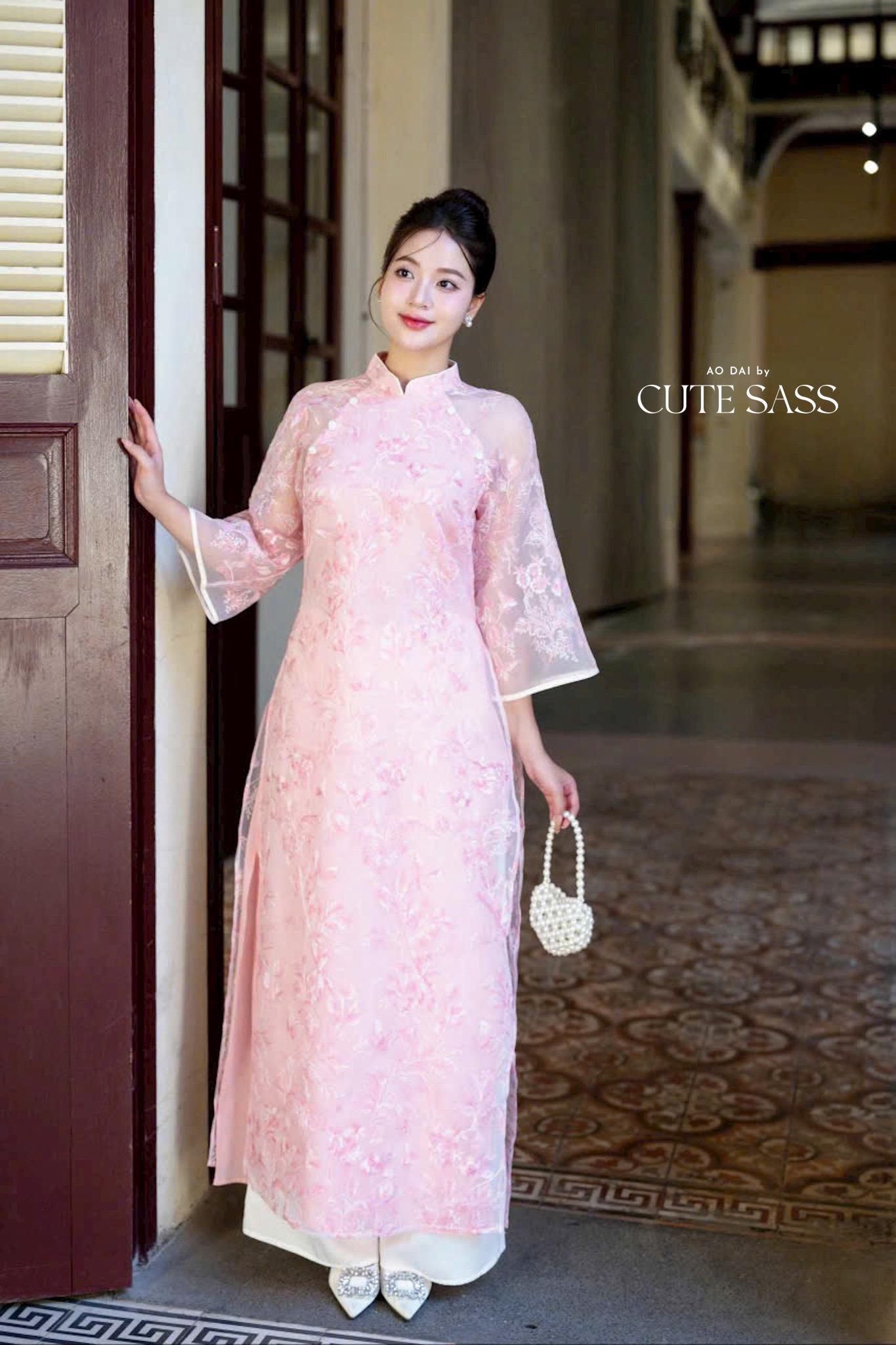 Shifted Pink Chiffon Embroidery with Buttons Ao Dai Set 12 A|Pre-made Vietnamese Women Ao Dai with Pants | Lunar New Year|Ao Dai Cach Tan