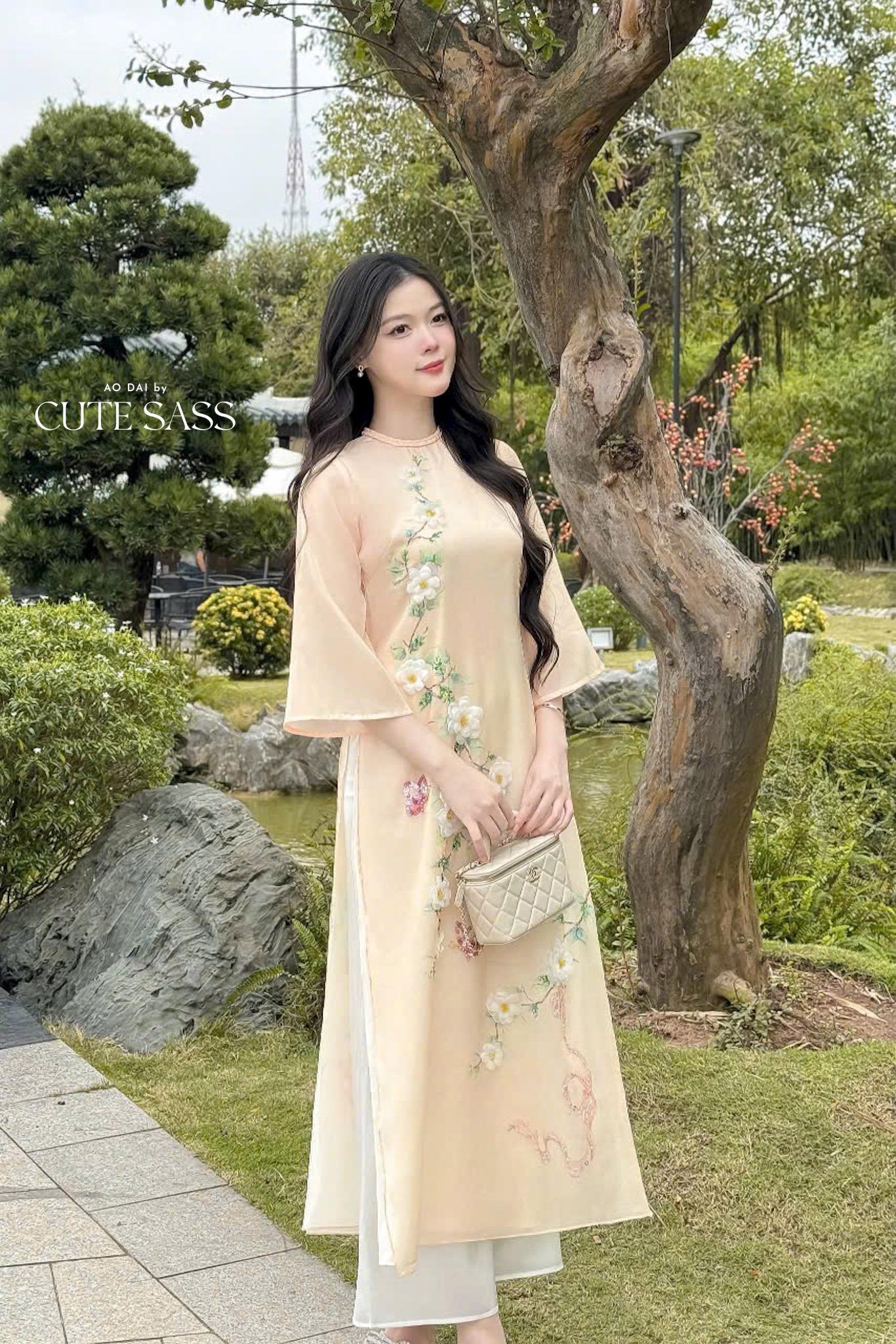 Pastel Yellow 3D Branches Ao Dai Top Only, NO PANTS 30A|Pre-made Modernized Vietnamese Ao Dai| Women Ao Dai with Pants | Lunar New Year|