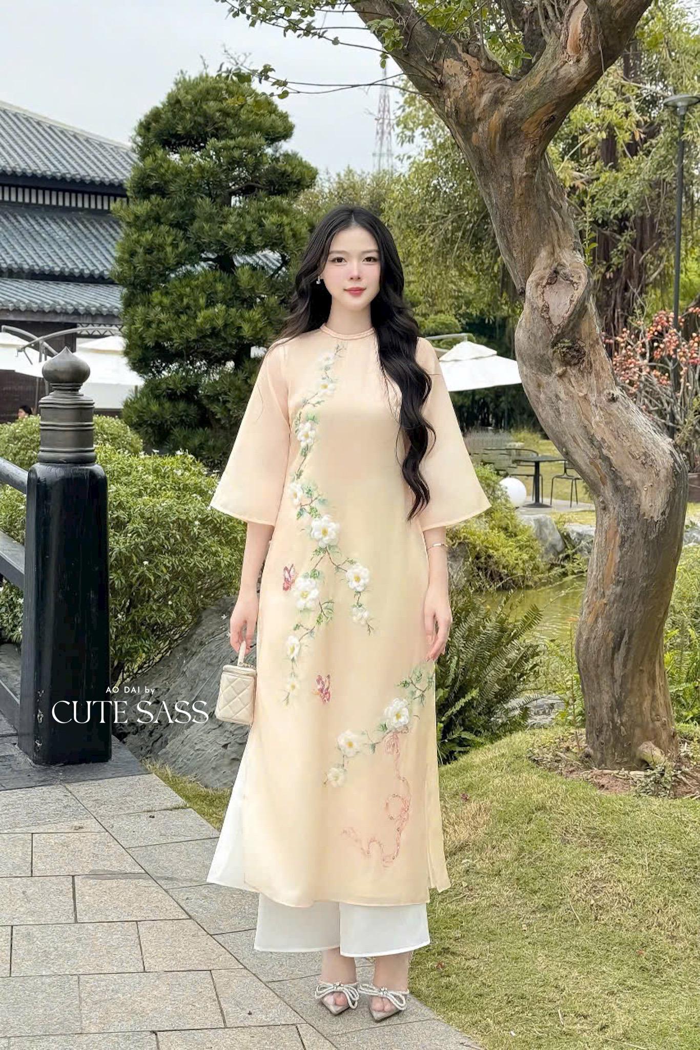 Pastel Yellow 3D Branches Ao Dai Top Only, NO PANTS 30A|Pre-made Modernized Vietnamese Ao Dai| Women Ao Dai with Pants | Lunar New Year|