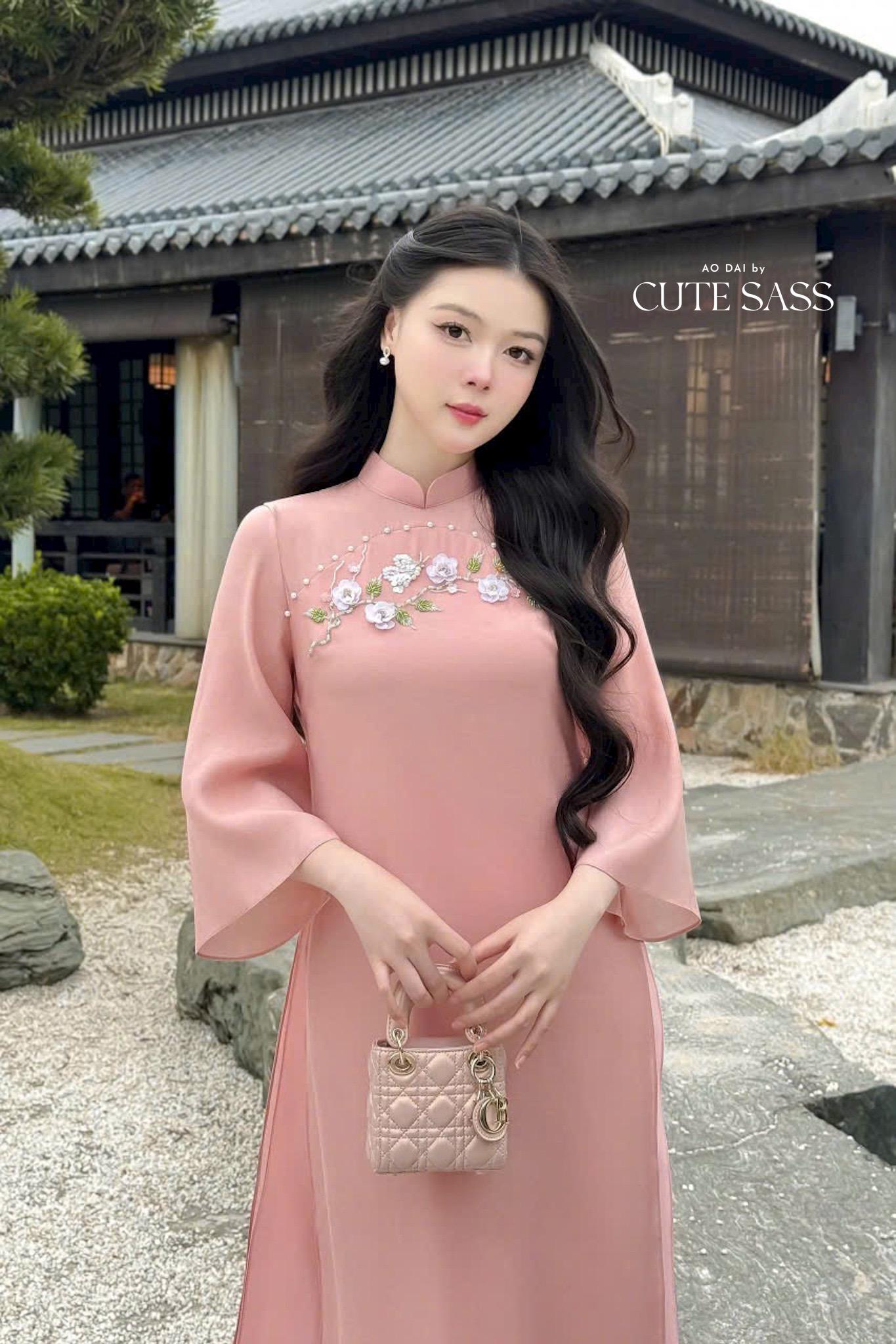 Pink Embroidery 3D Sakura Ao Dai Top Only, NO PANTS 30A|Pre-made Modernized Vietnamese Ao Dai|Pastel Pink Ao Dai|
