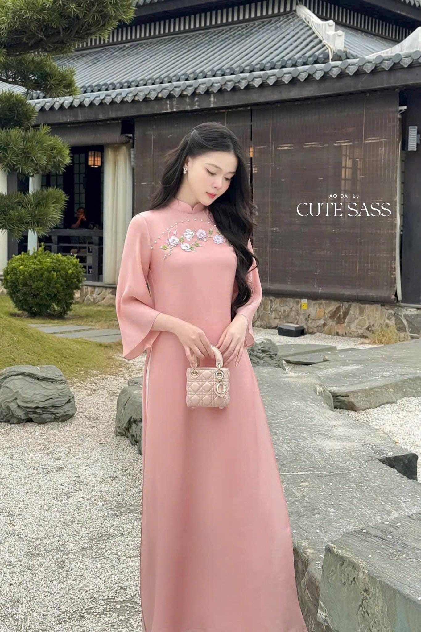 Pink Embroidery 3D Sakura Ao Dai Top Only, NO PANTS 30A|Pre-made Modernized Vietnamese Ao Dai|Pastel Pink Ao Dai|