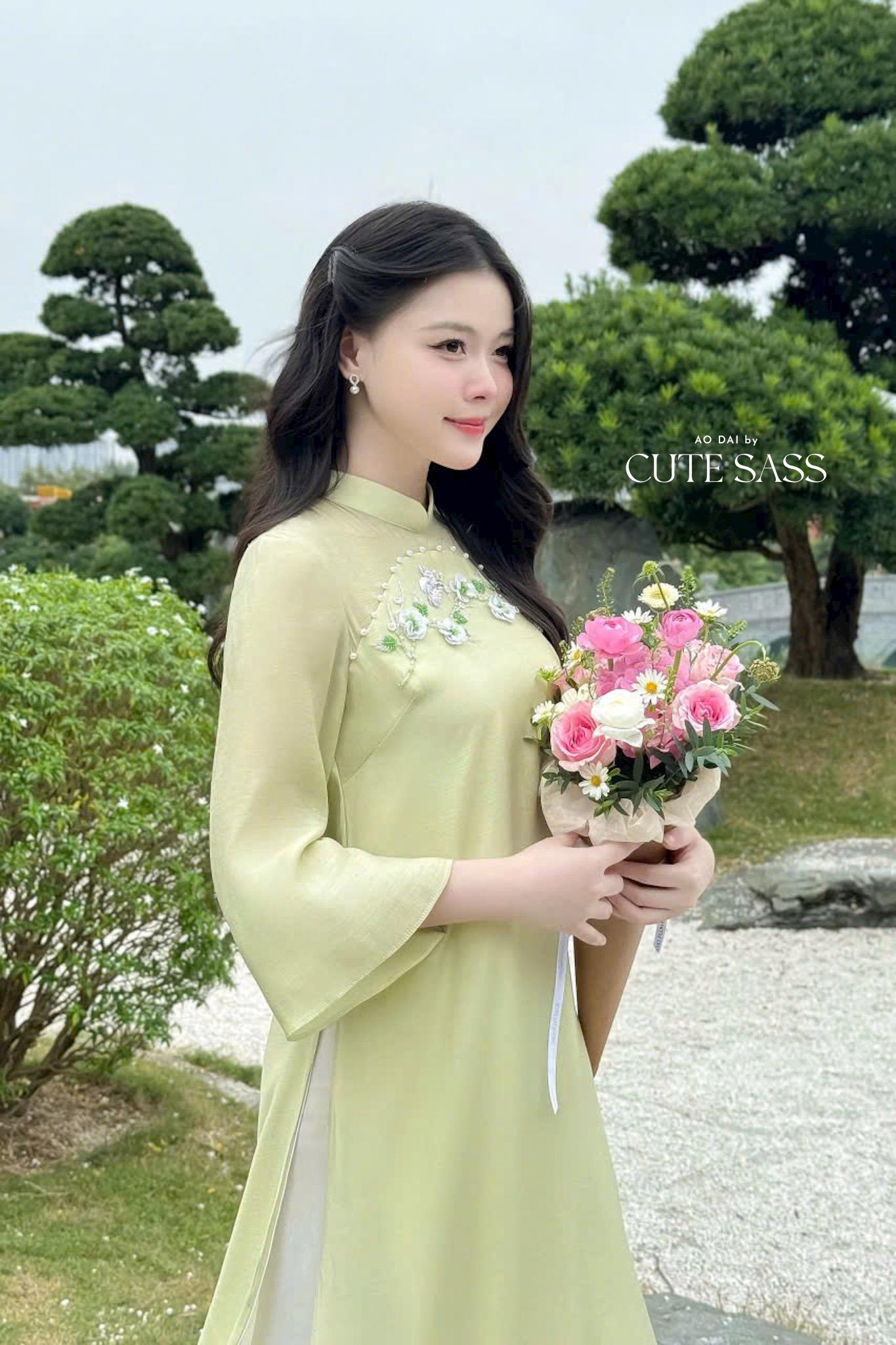 Pastel Green Embroidery 3D Sakura Ao Dai Top Only, NO PANTS 30A|Pre-made Modernized Vietnamese Ao Dai| Pastel Ao Dai| Lunar New Year|